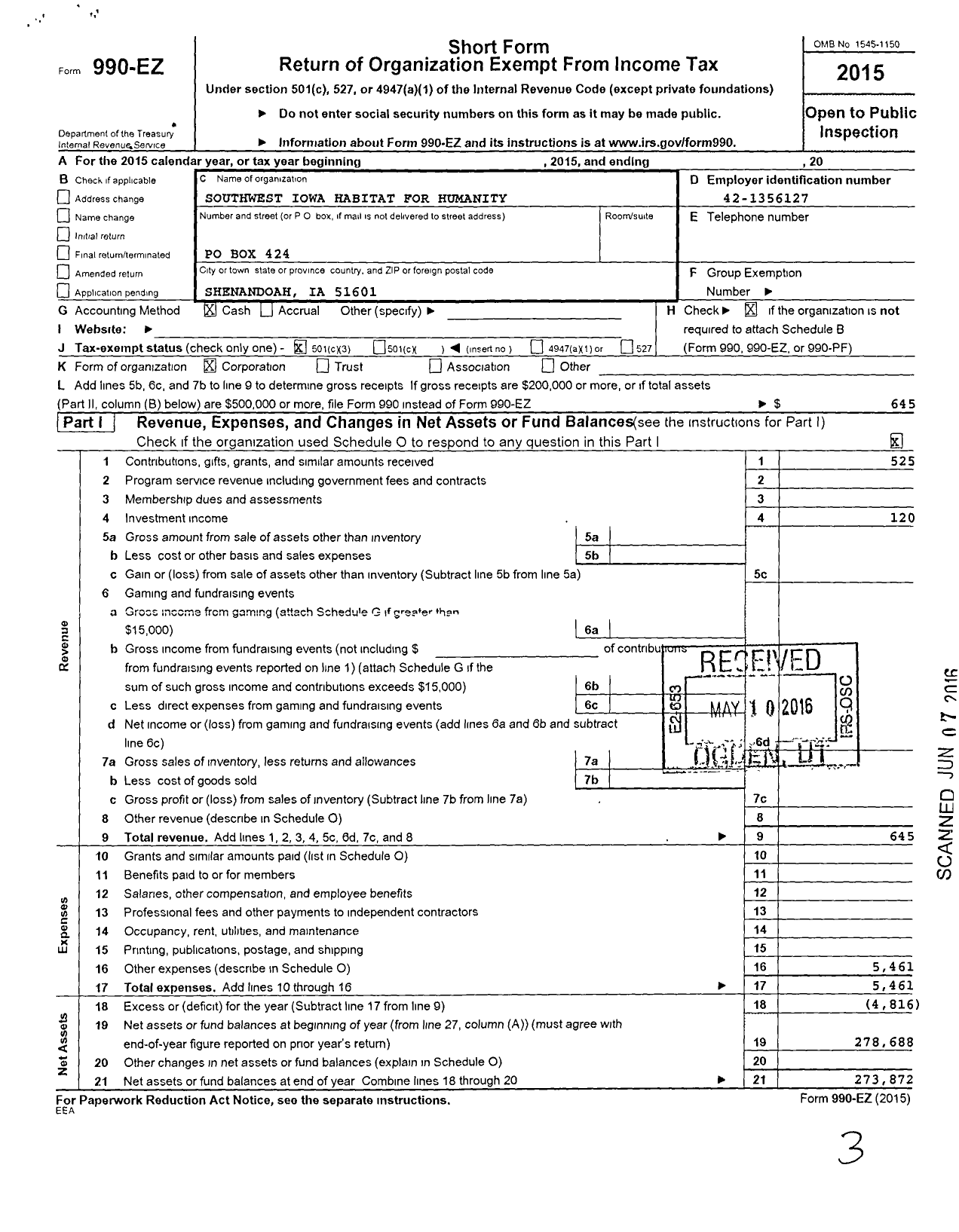 Image of first page of 2015 Form 990EZ for Southwest Iowa Habitat for Humanity