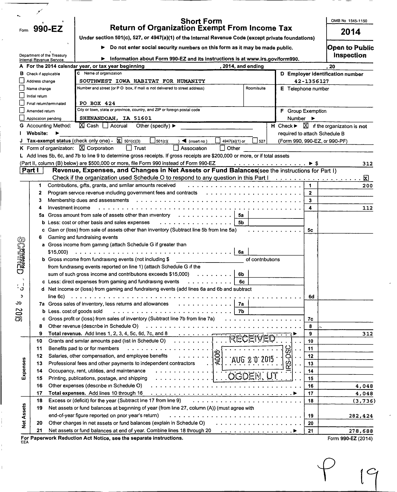 Image of first page of 2014 Form 990EZ for Southwest Iowa Habitat for Humanity