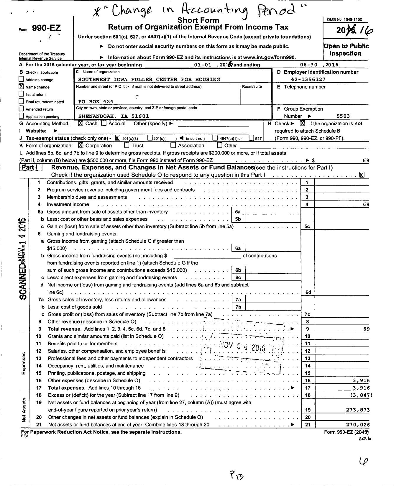 Image of first page of 2015 Form 990EZ for Southwest Iowa Habitat for Humanity