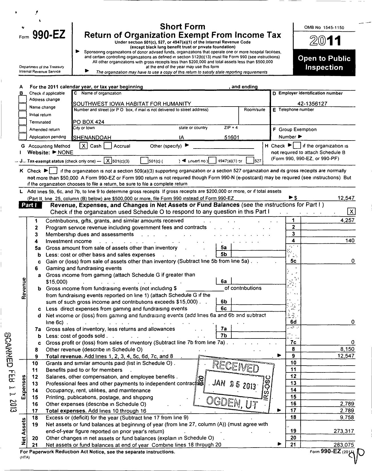 Image of first page of 2011 Form 990EZ for Southwest Iowa Habitat for Humanity