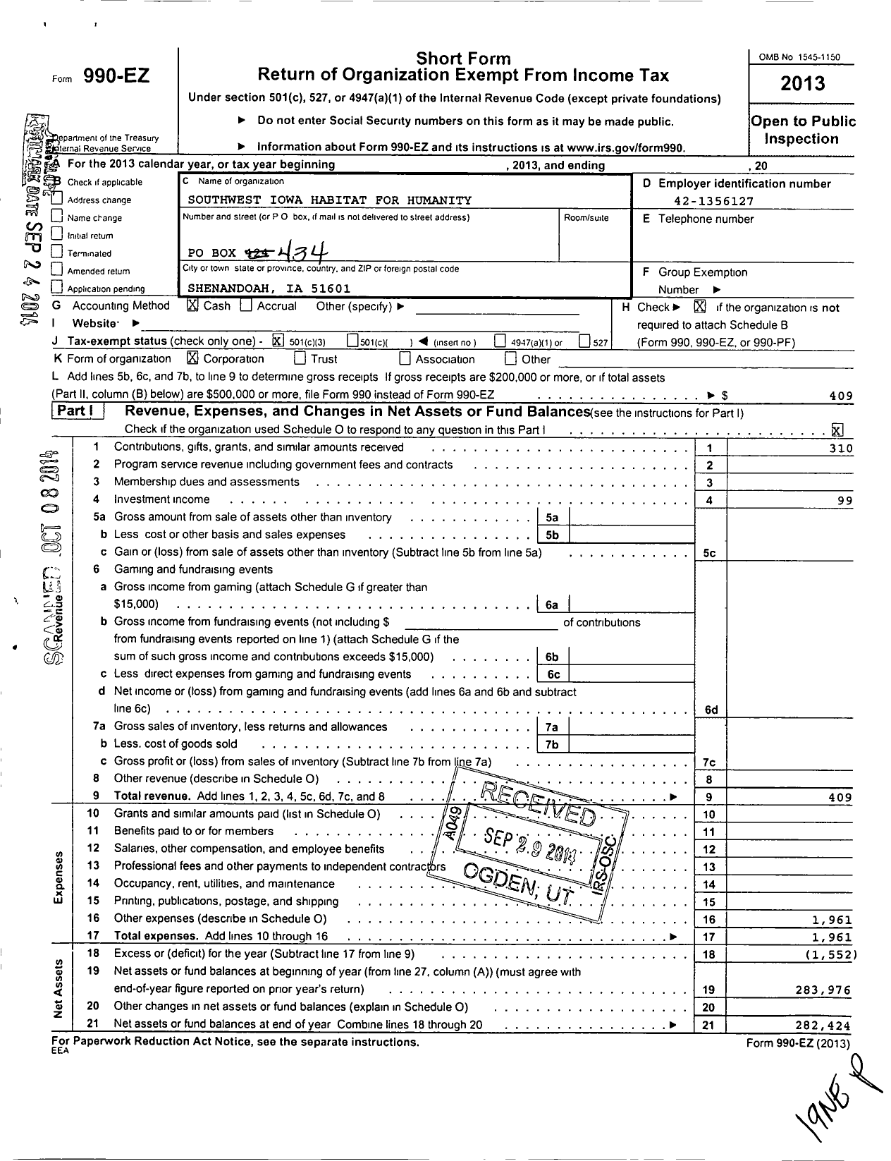 Image of first page of 2013 Form 990EZ for Southwest Iowa Habitat for Humanity