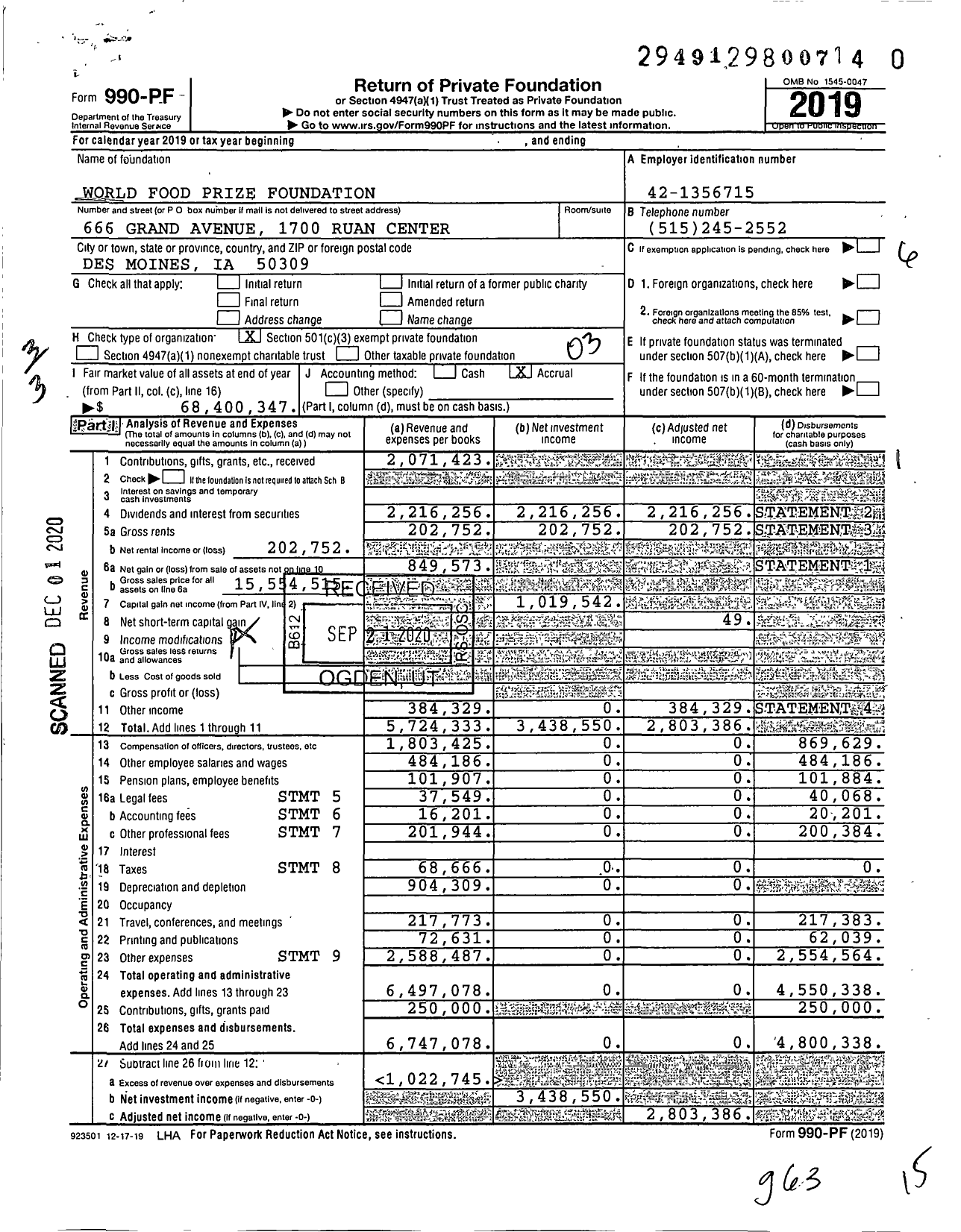 Image of first page of 2019 Form 990PF for World Food Prize Foundation