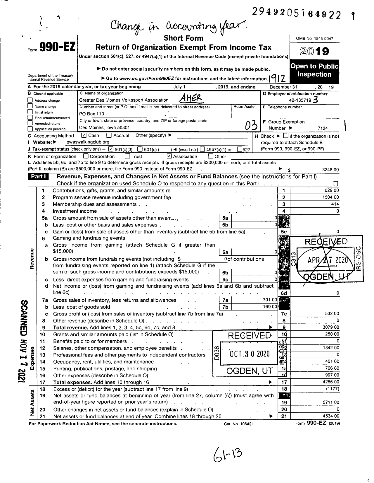 Image of first page of 2019 Form 990EZ for American Volkssport Association - 250 Greater Des Moines Volkssport