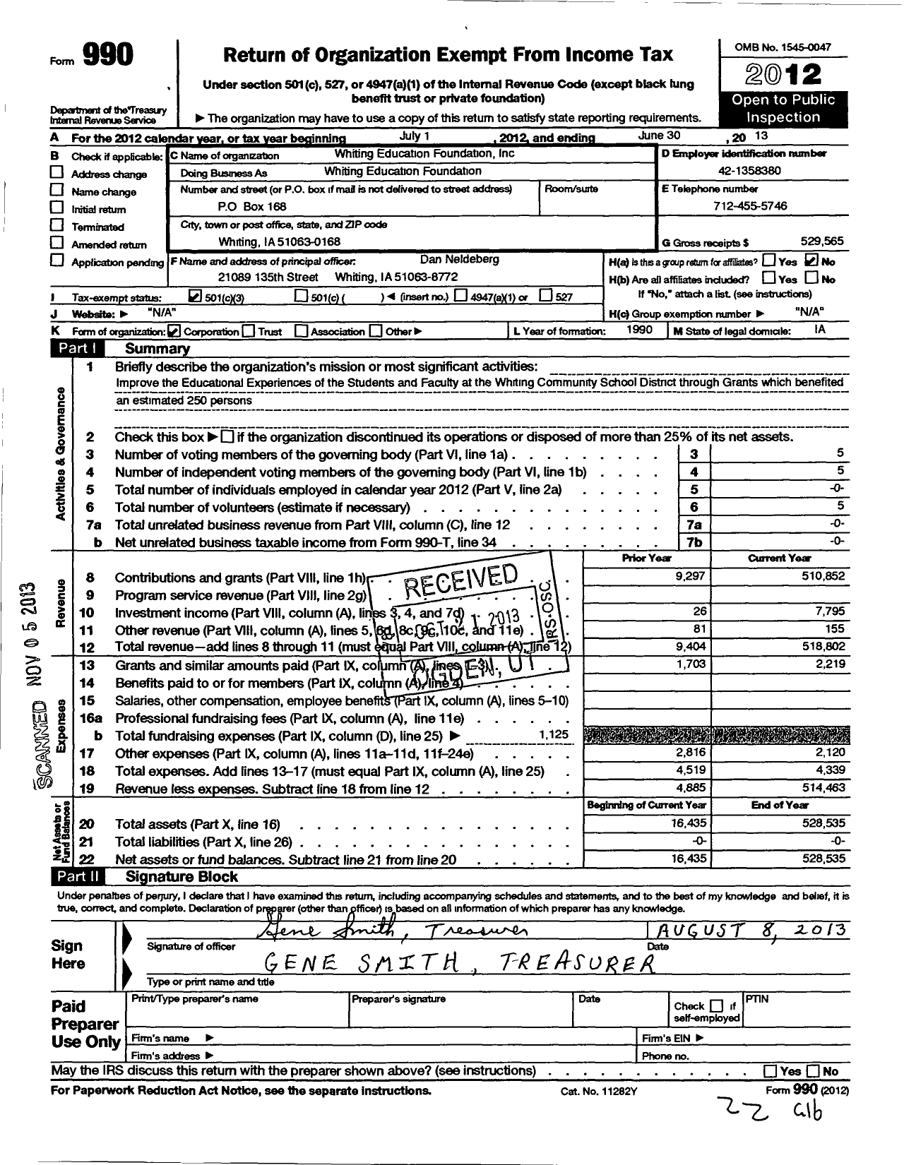 Image of first page of 2012 Form 990 for Whiting Education Foundation