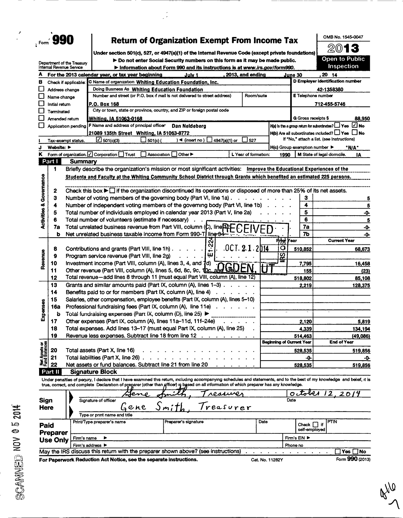 Image of first page of 2013 Form 990 for Whiting Education Foundation