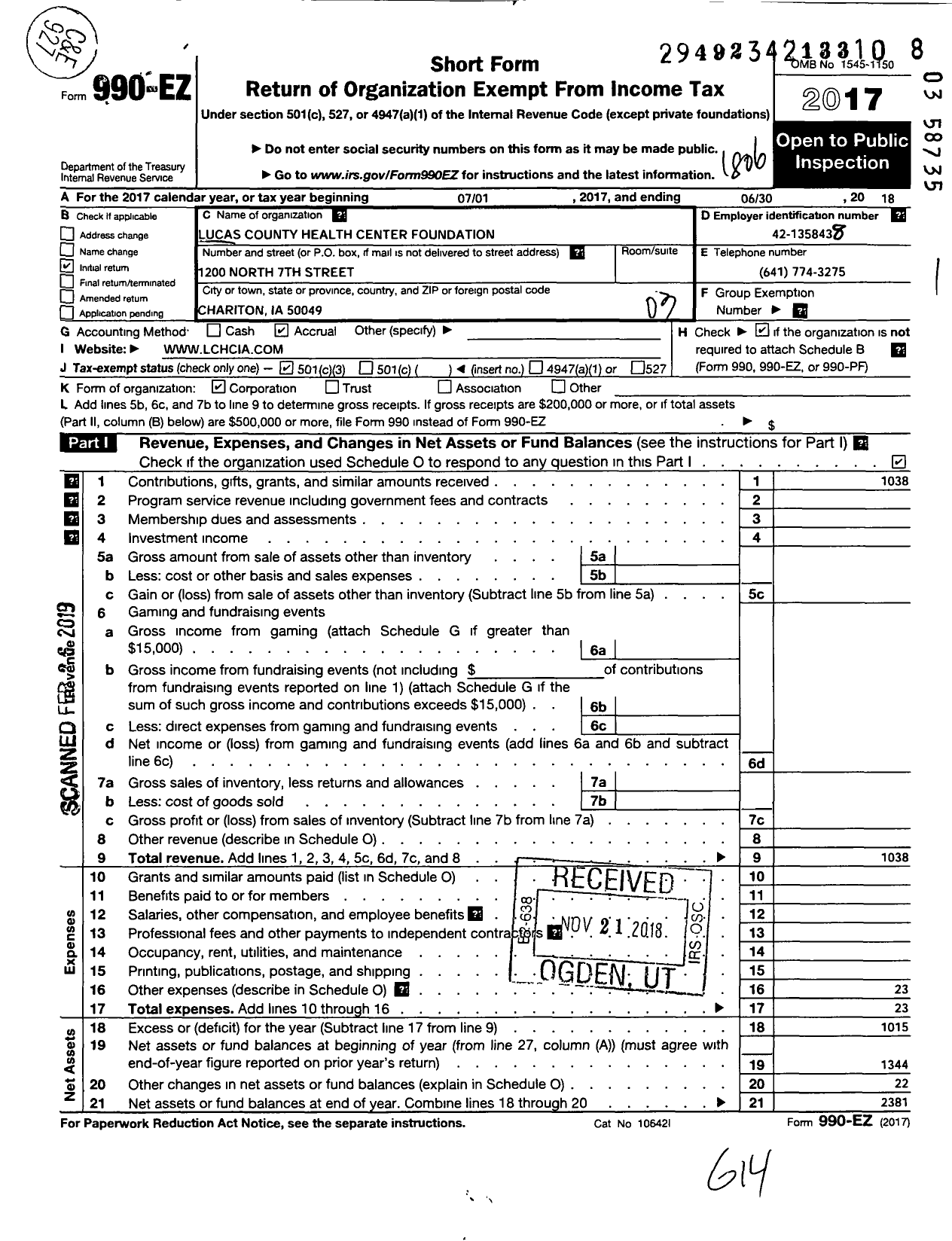 Image of first page of 2017 Form 990EZ for Lucas County Health Center Foundation