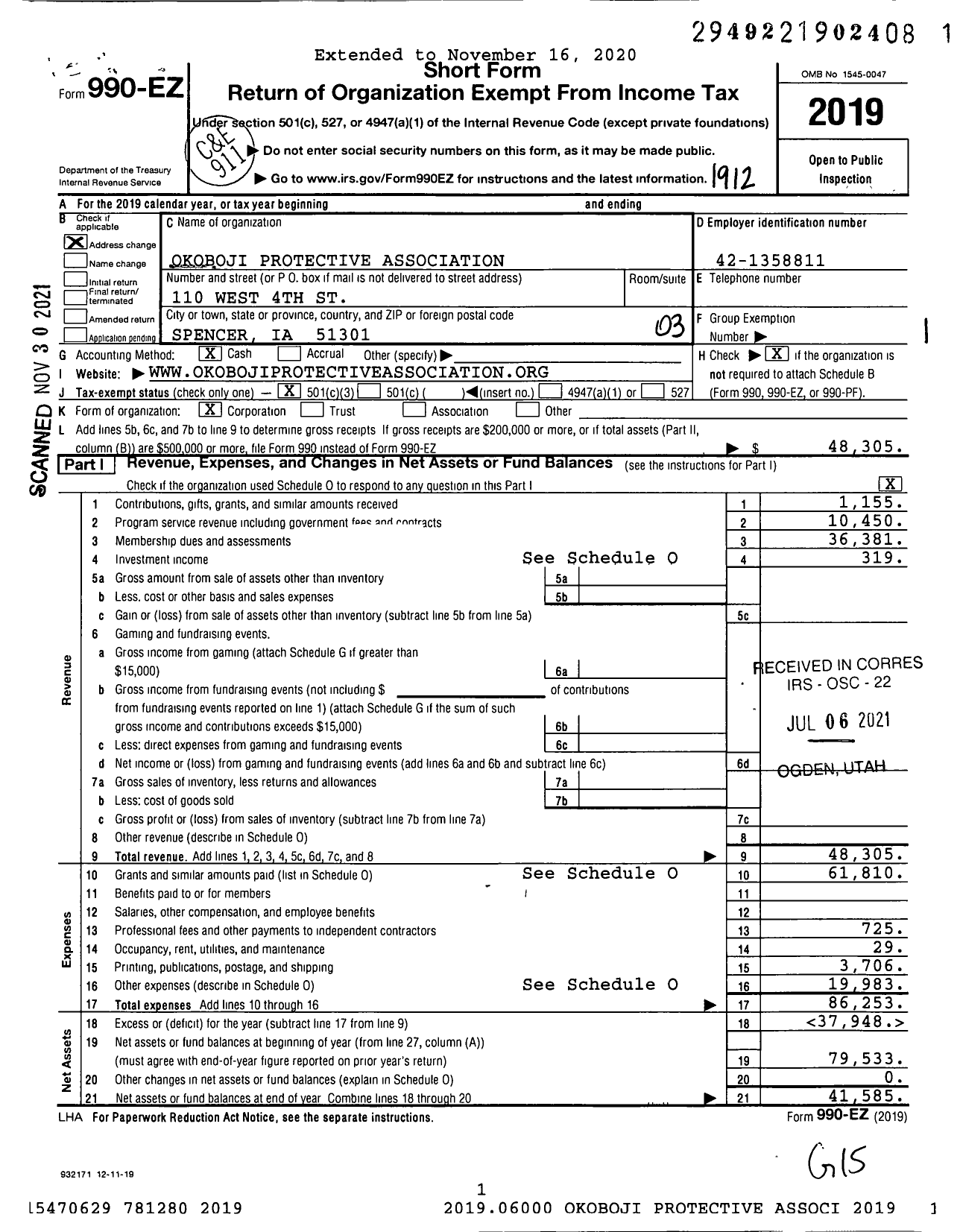 Image of first page of 2019 Form 990EZ for Okoboji Protective Association