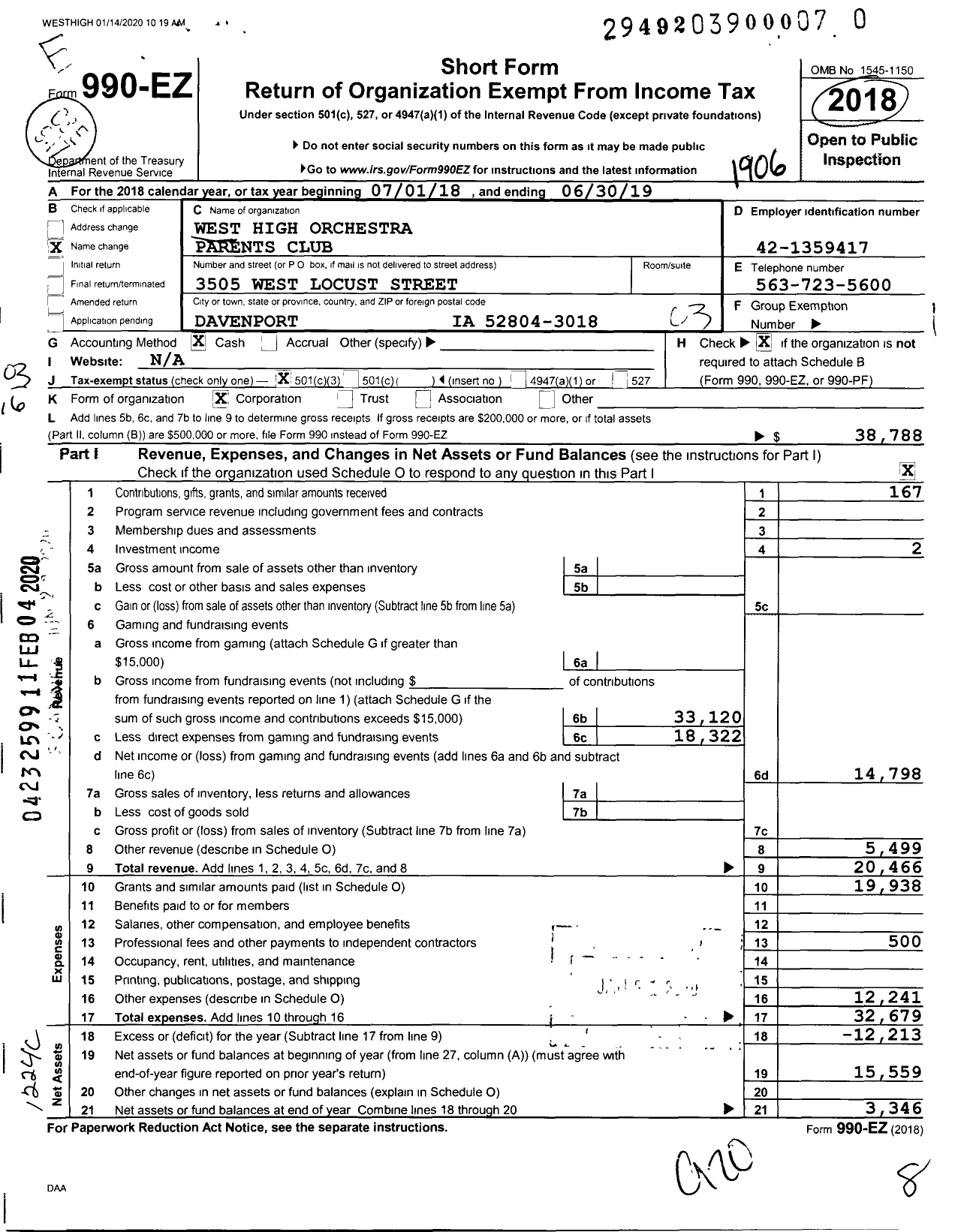 Image of first page of 2018 Form 990EZ for West High School Band and Orchestra Parents Club