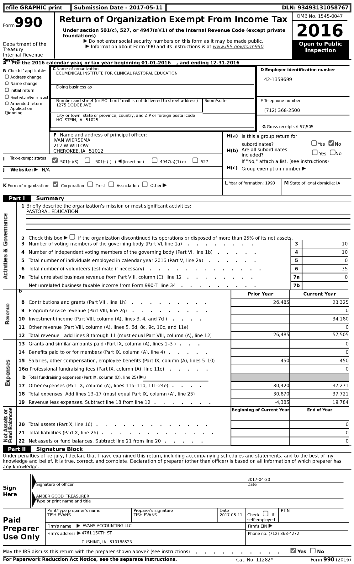 Image of first page of 2016 Form 990 for Ecumencial Institute for Clinical Pastoral