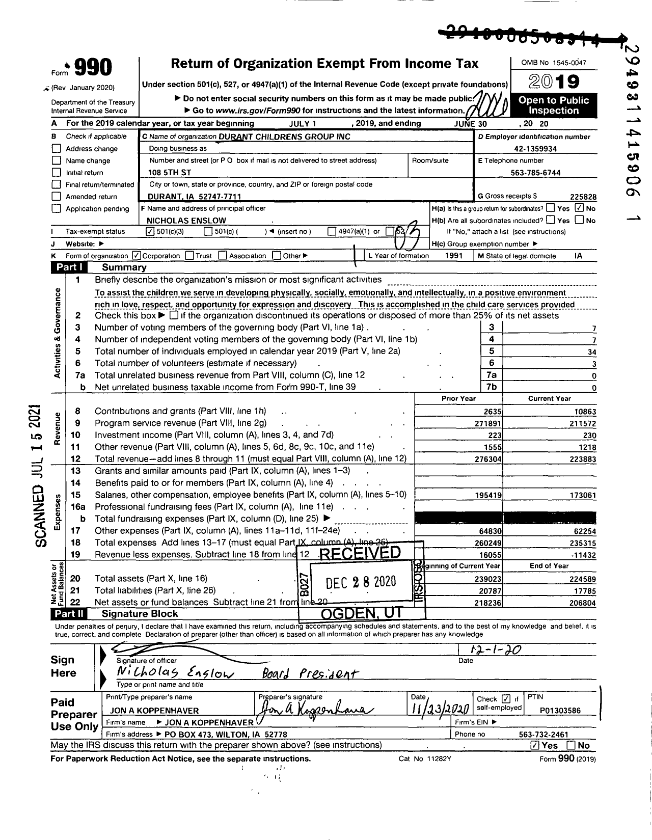 Image of first page of 2019 Form 990 for Durant Childrens Group