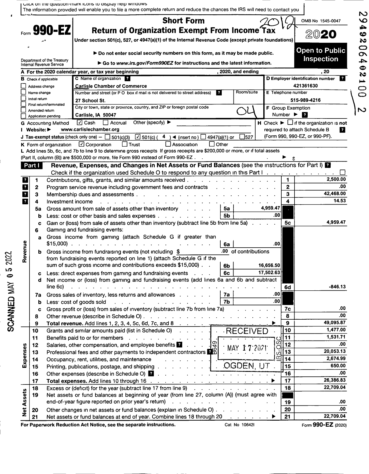 Image of first page of 2020 Form 990EO for Carlisle Chamber of Commerce