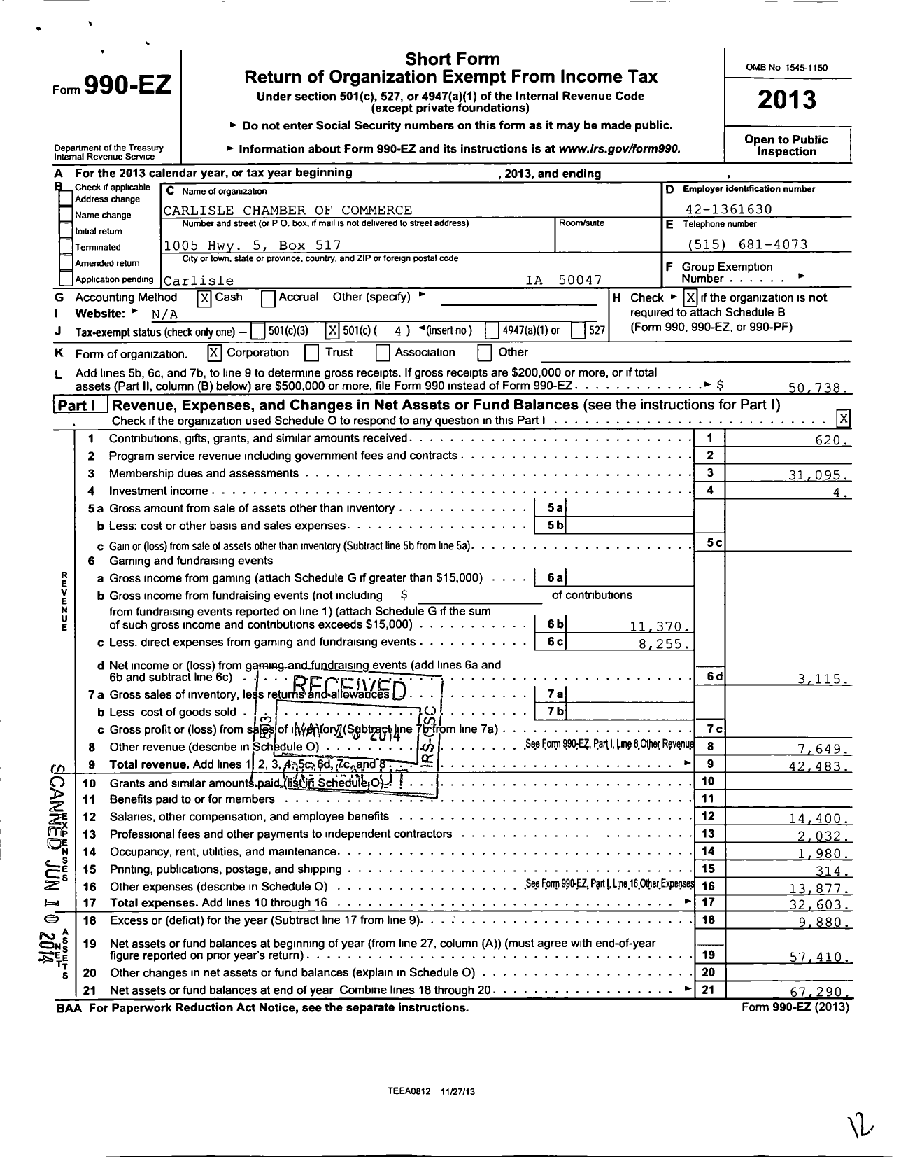 Image of first page of 2013 Form 990EO for Carlisle Chamber of Commerce