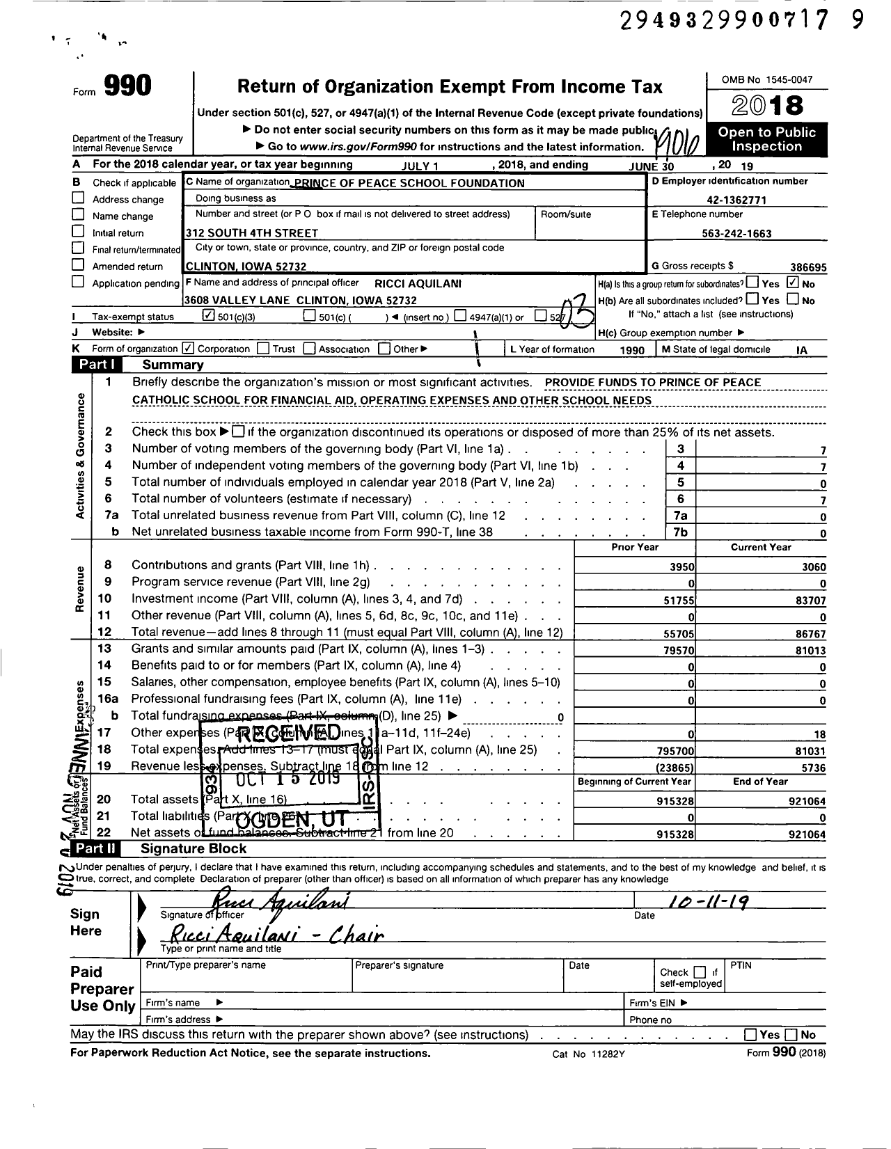 Image of first page of 2018 Form 990 for Prince of Peace School Foundation