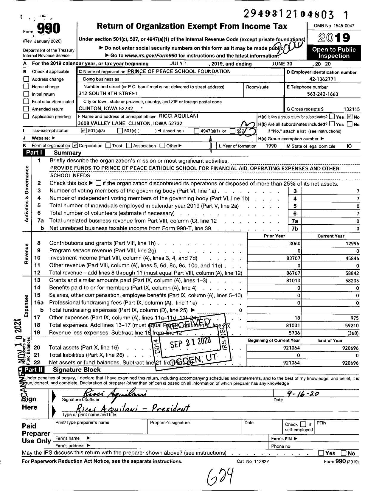 Image of first page of 2019 Form 990 for Prince of Peace School Foundation