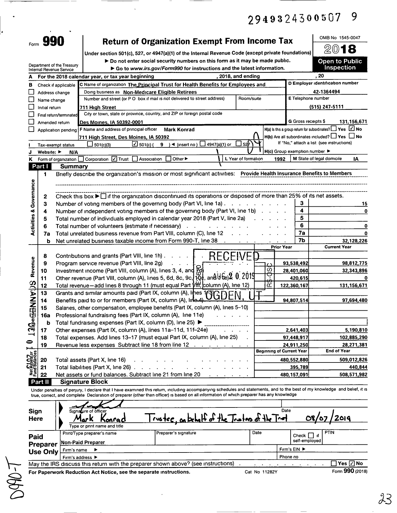Image of first page of 2018 Form 990O for The Principal Trust for Health Bens for EEs and Non-Medicare Elig Rets