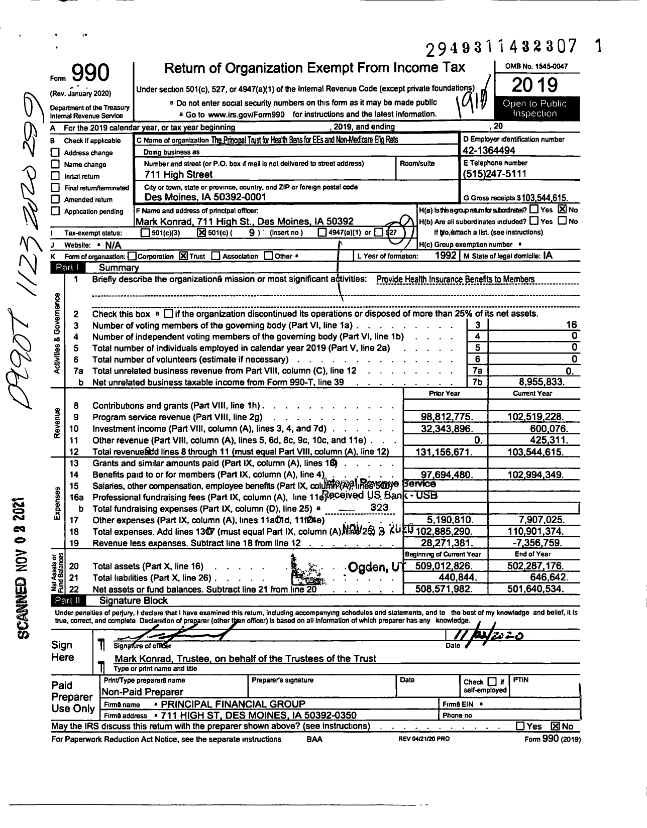 Image of first page of 2019 Form 990O for The Principal Trust for Health Bens for EEs and Non-Medicare Elig Rets