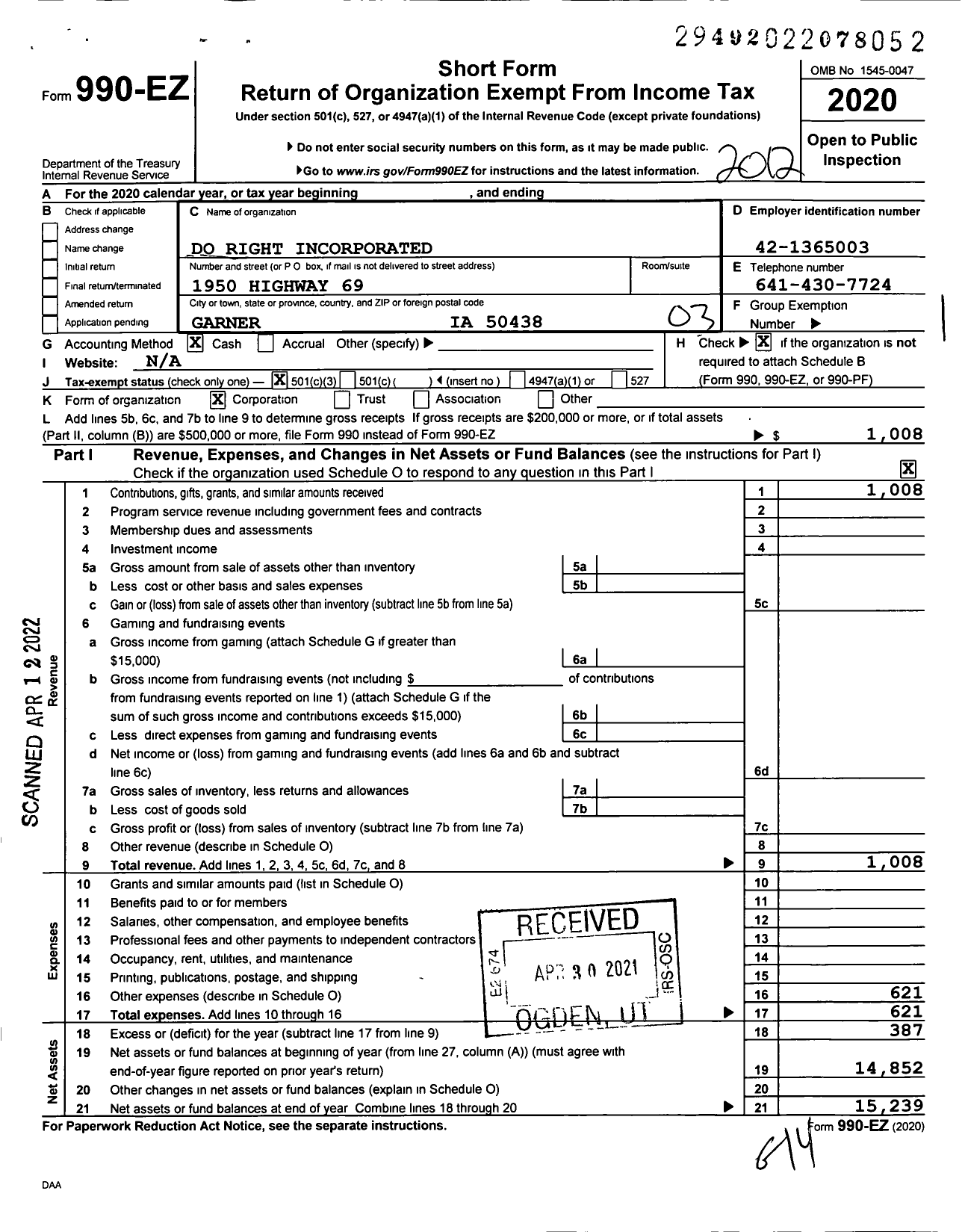 Image of first page of 2020 Form 990EZ for Do Right Incorporated