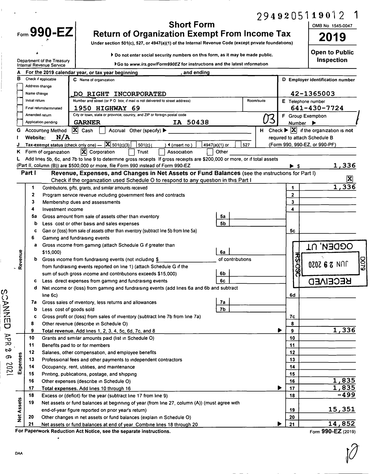 Image of first page of 2019 Form 990EZ for Do Right Incorporated