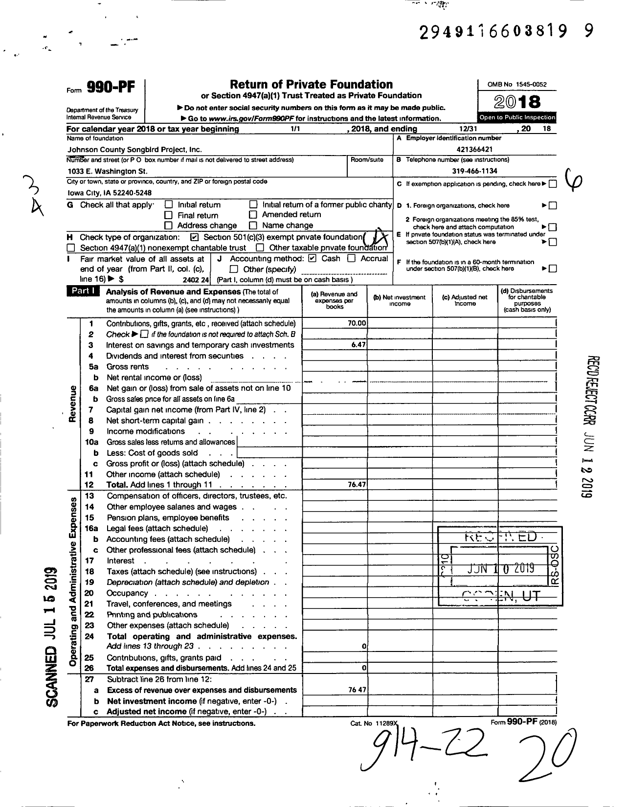 Image of first page of 2018 Form 990PF for Johnson County Songbird Project