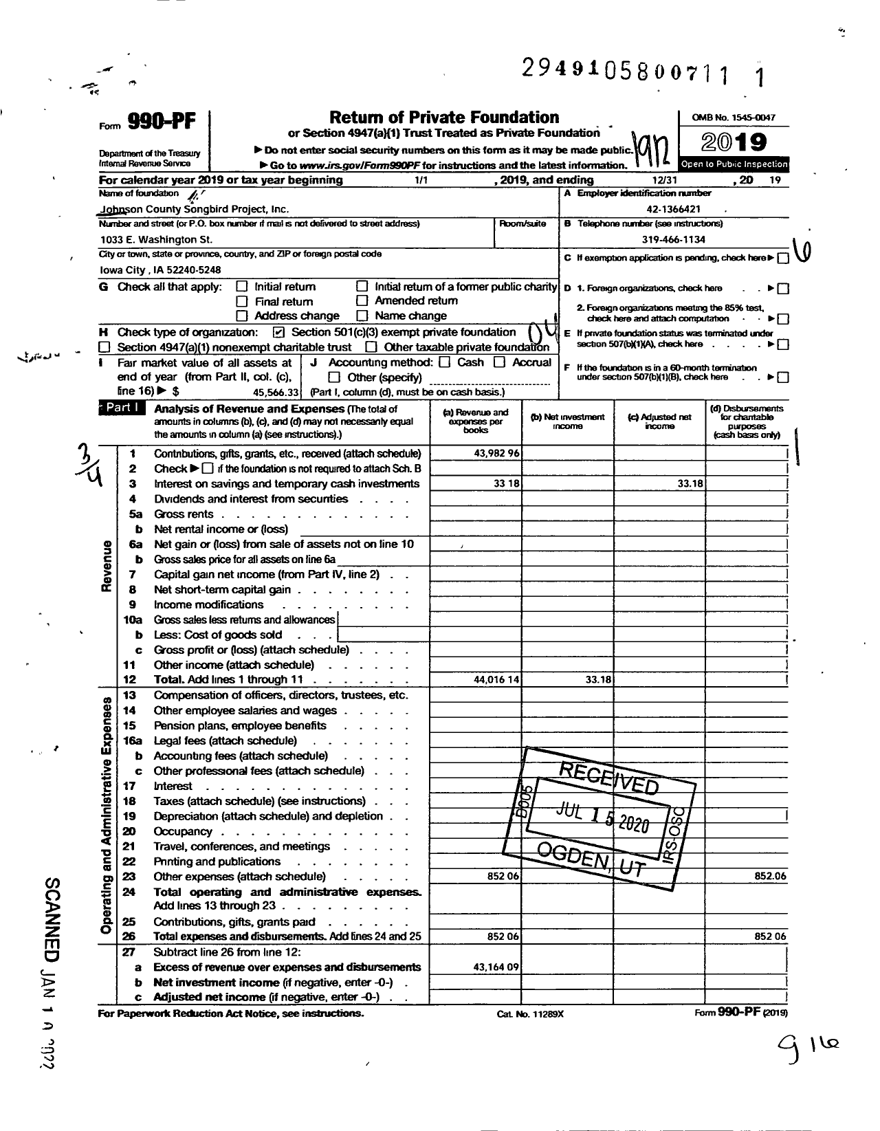 Image of first page of 2019 Form 990PF for Johnson County Songbird Project