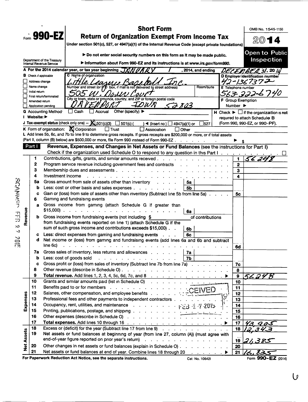 Image of first page of 2014 Form 990EZ for Little League Baseball - 1150206 Davenport East LL