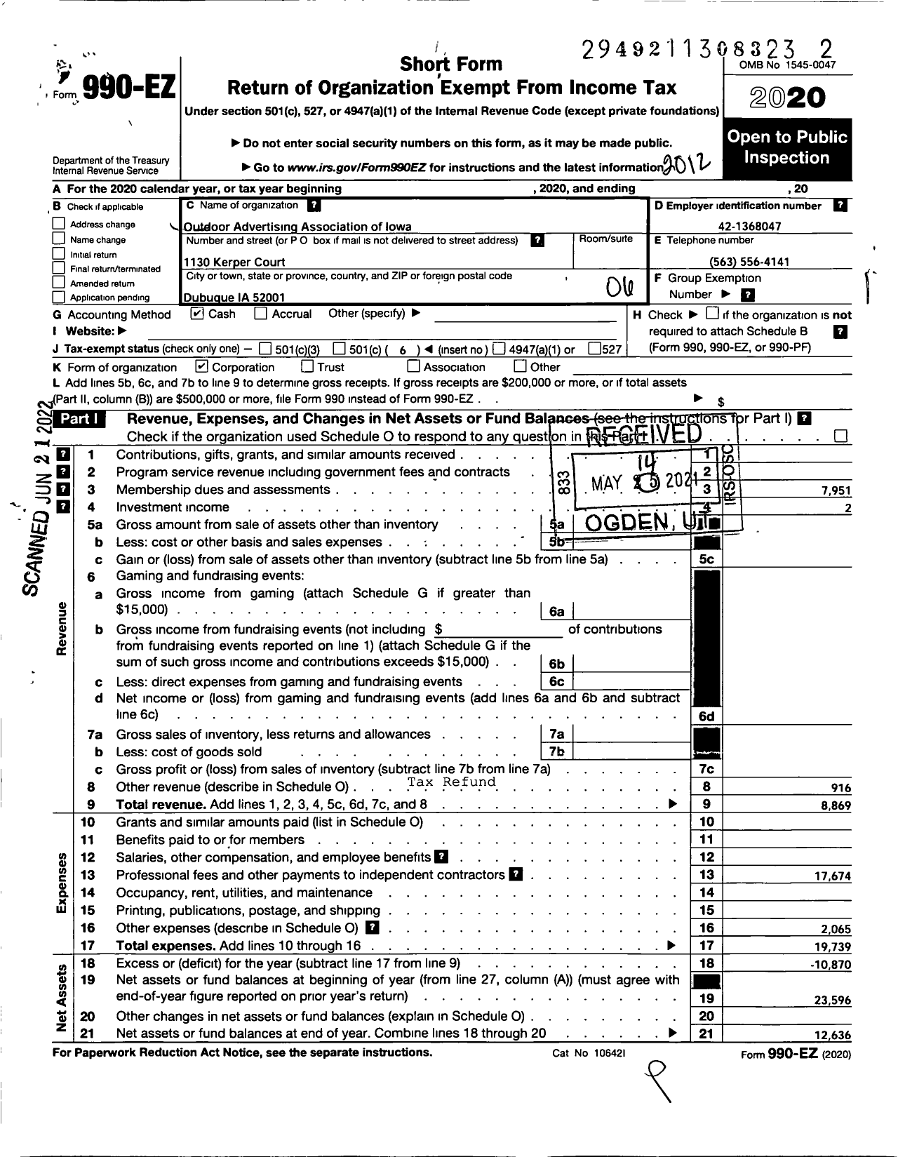 Image of first page of 2020 Form 990EO for Outdoor Advertising Association of Iowa