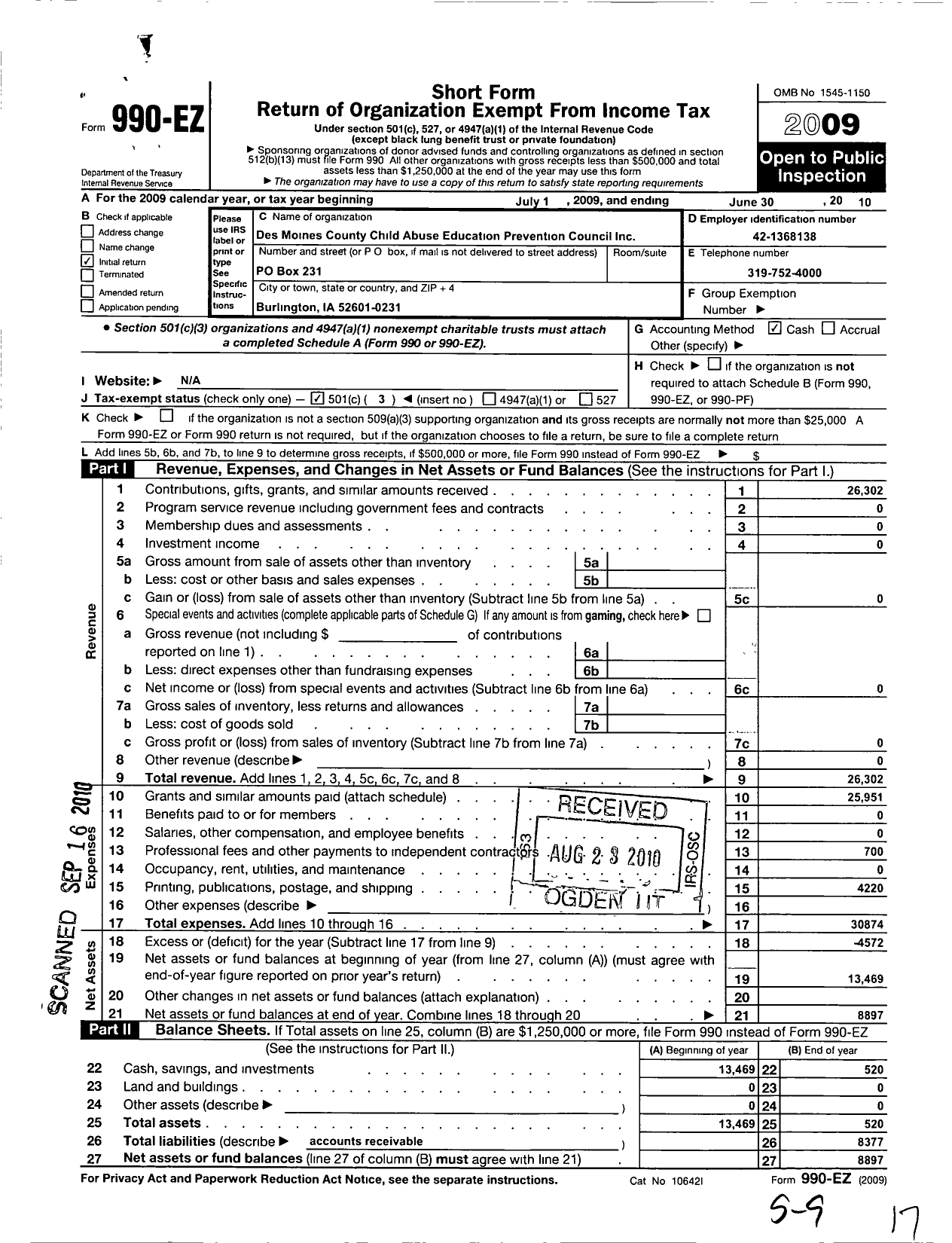 Image of first page of 2009 Form 990EZ for Des Moines County Child Abuse Education and Prevention Council