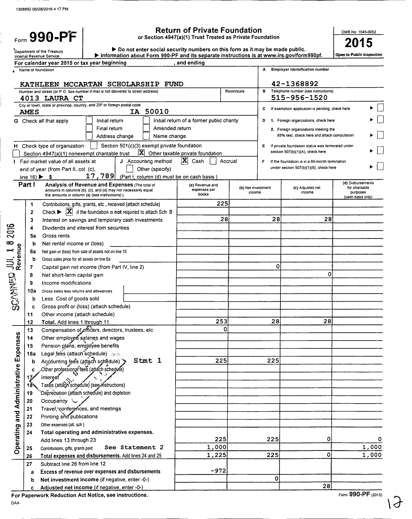 Image of first page of 2015 Form 990PF for Kathleen Mccartan Scholarship Fund