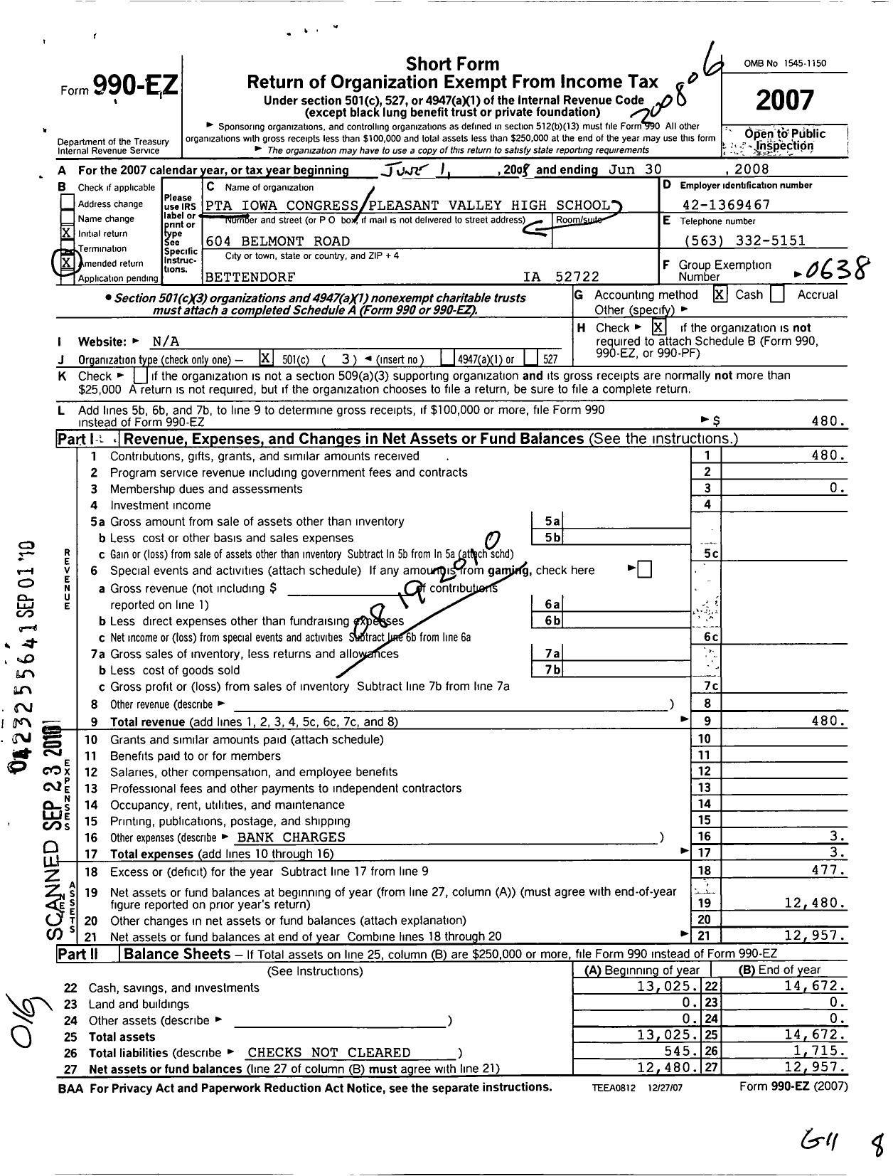 Image of first page of 2007 Form 990EZ for PTA Iowa Congress / Pleasant Valley High School