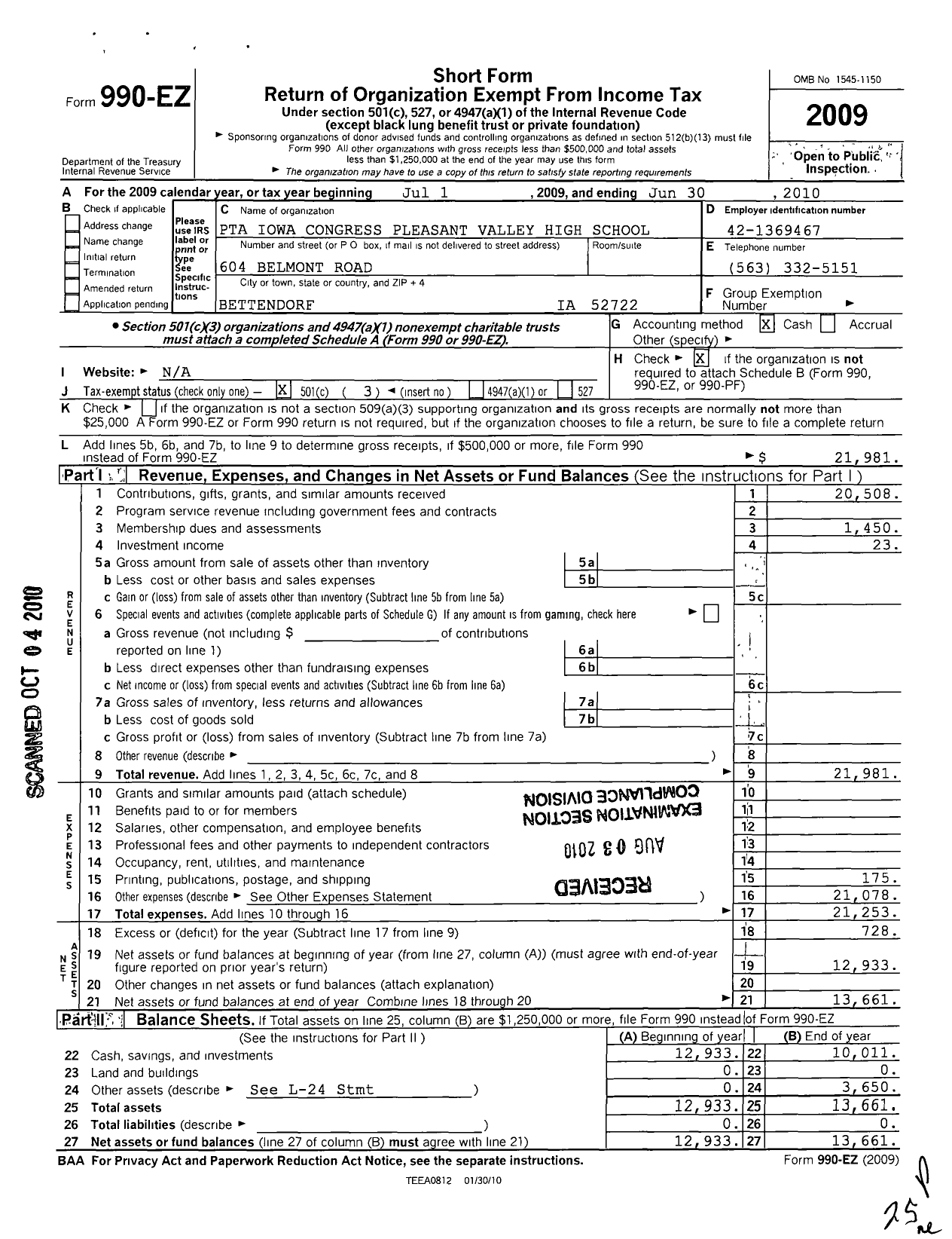 Image of first page of 2009 Form 990EZ for PTA Iowa Congress / Pleasant Valley High School