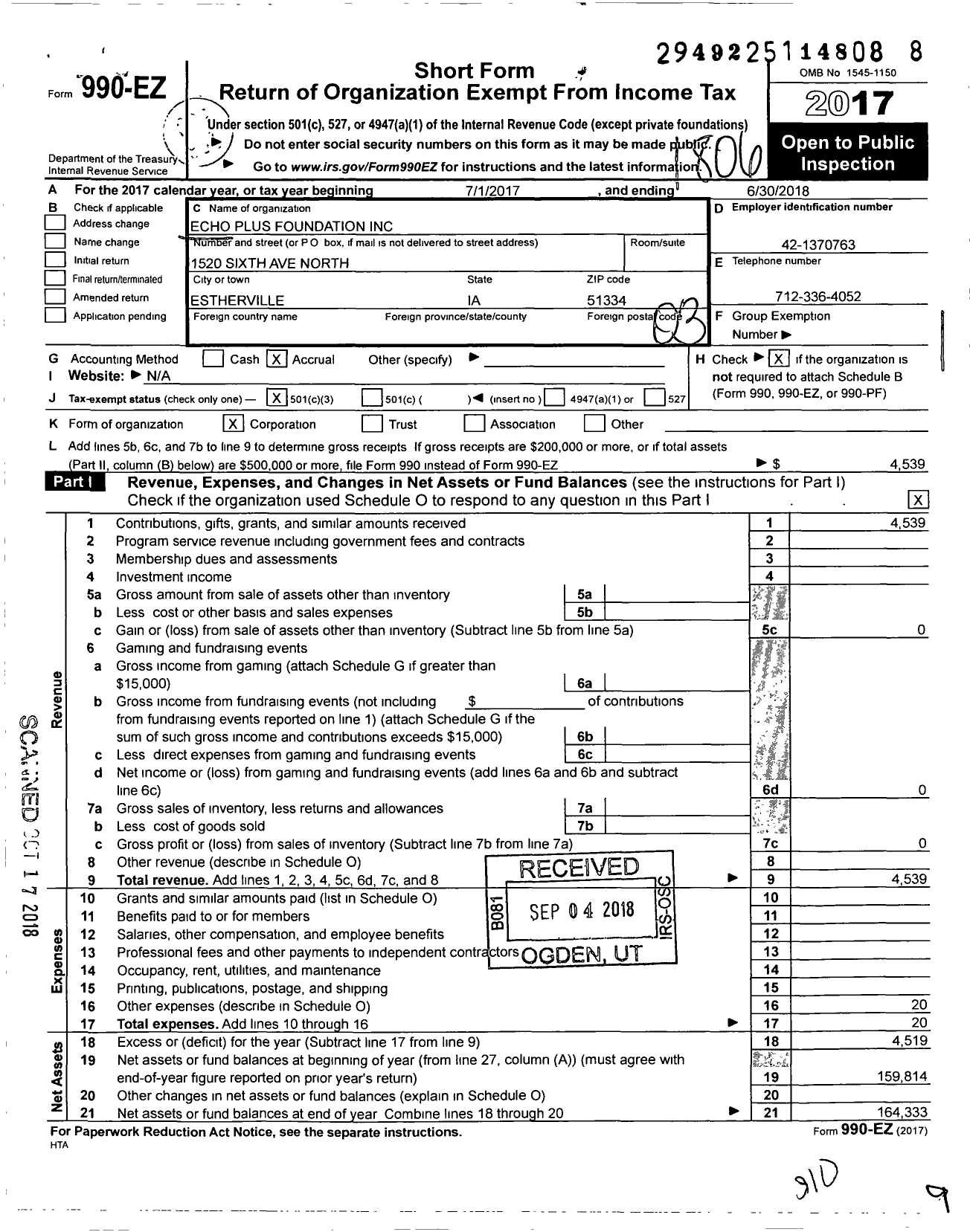 Image of first page of 2017 Form 990EZ for Echo Plus Foundation