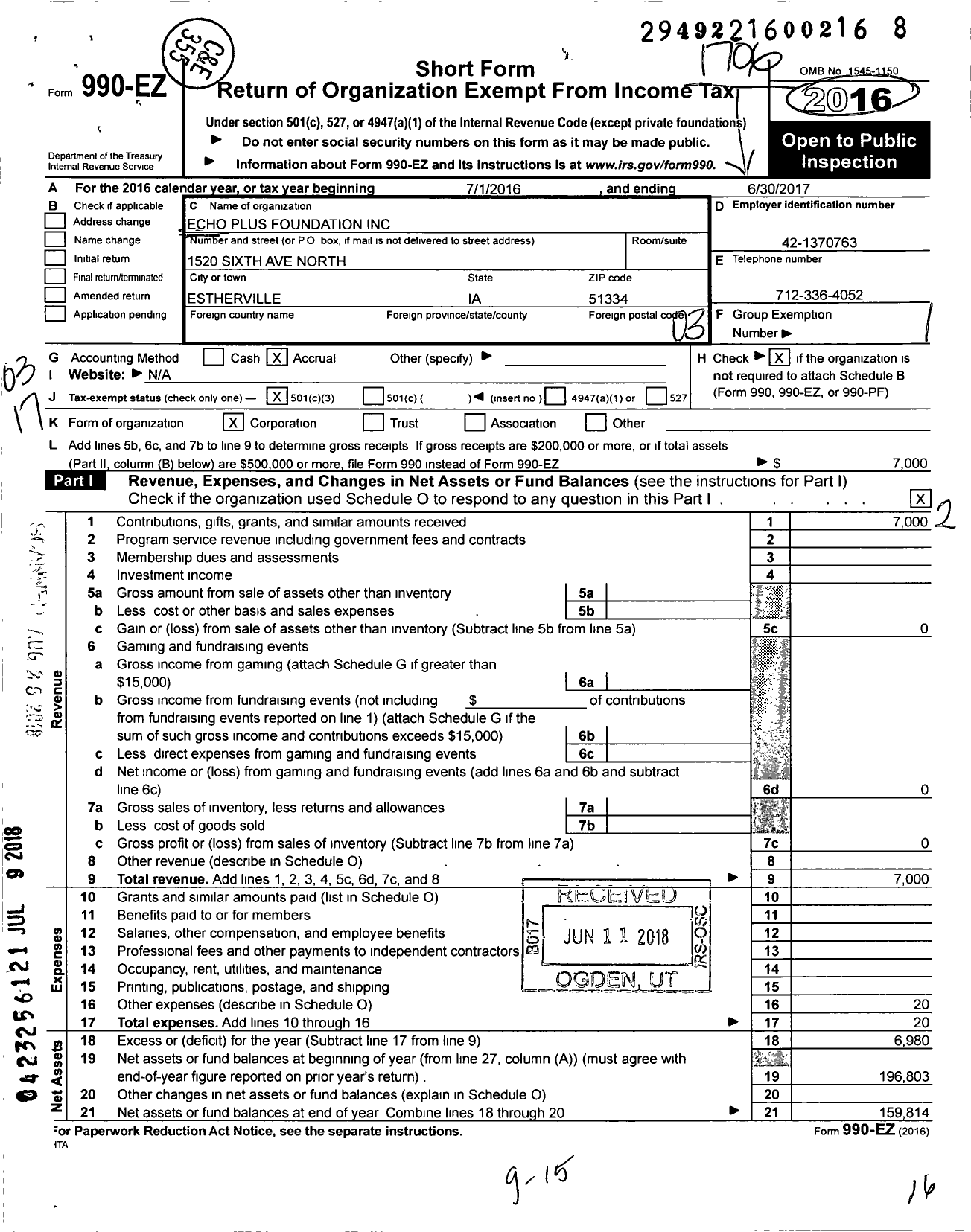 Image of first page of 2016 Form 990EZ for Echo Plus Foundation