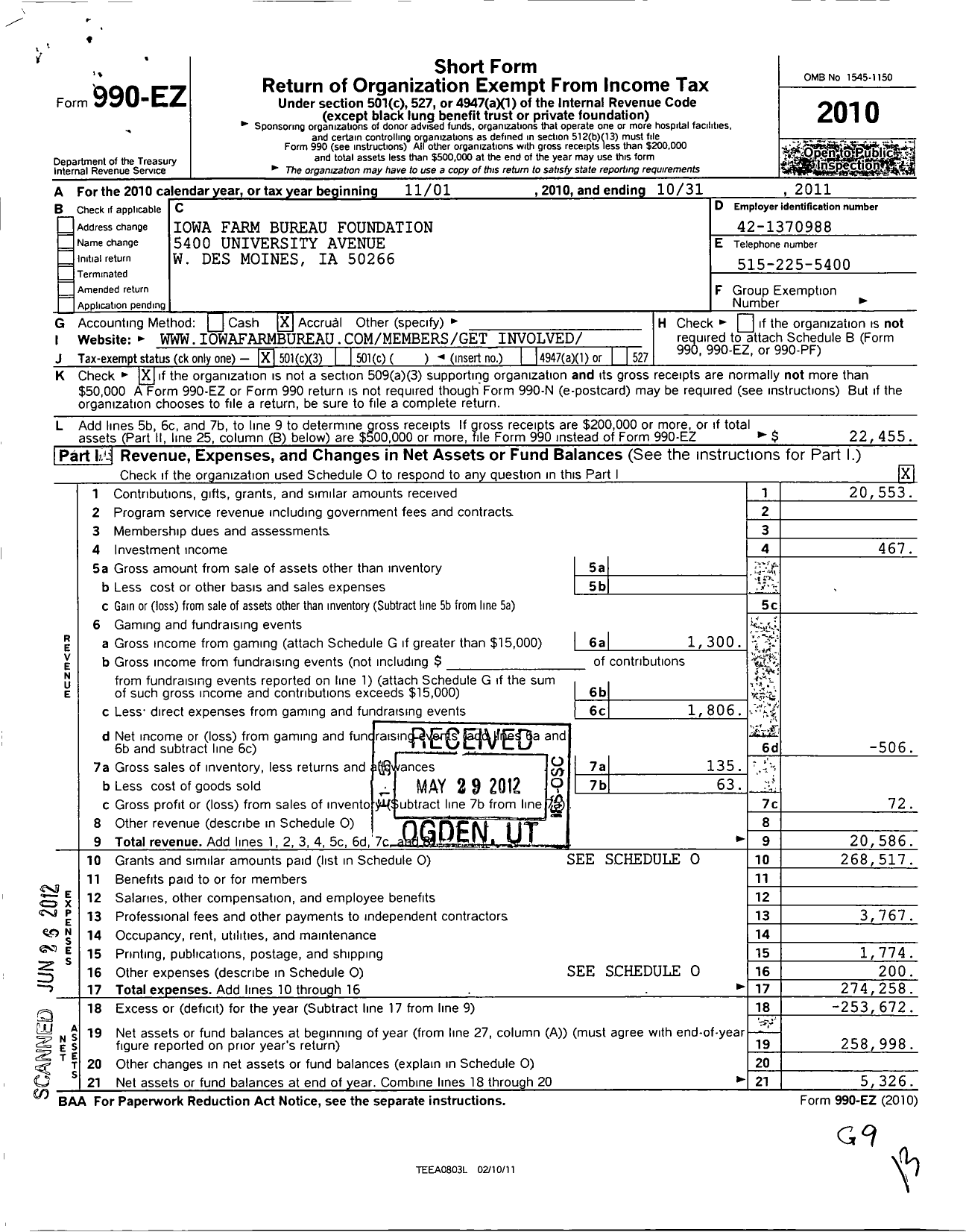 Image of first page of 2010 Form 990EZ for Iowa Farm Bureau Foundation