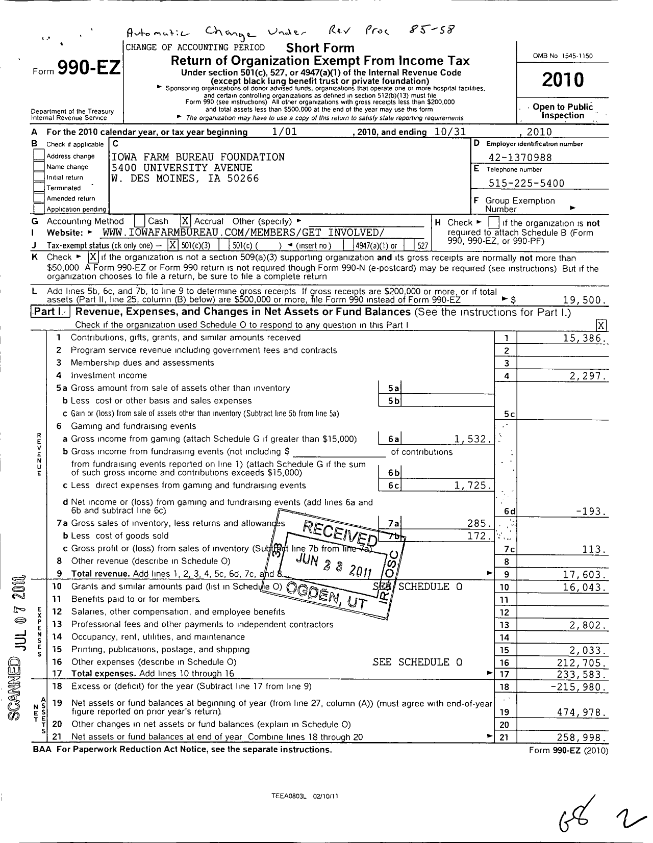 Image of first page of 2009 Form 990EZ for Iowa Farm Bureau Foundation