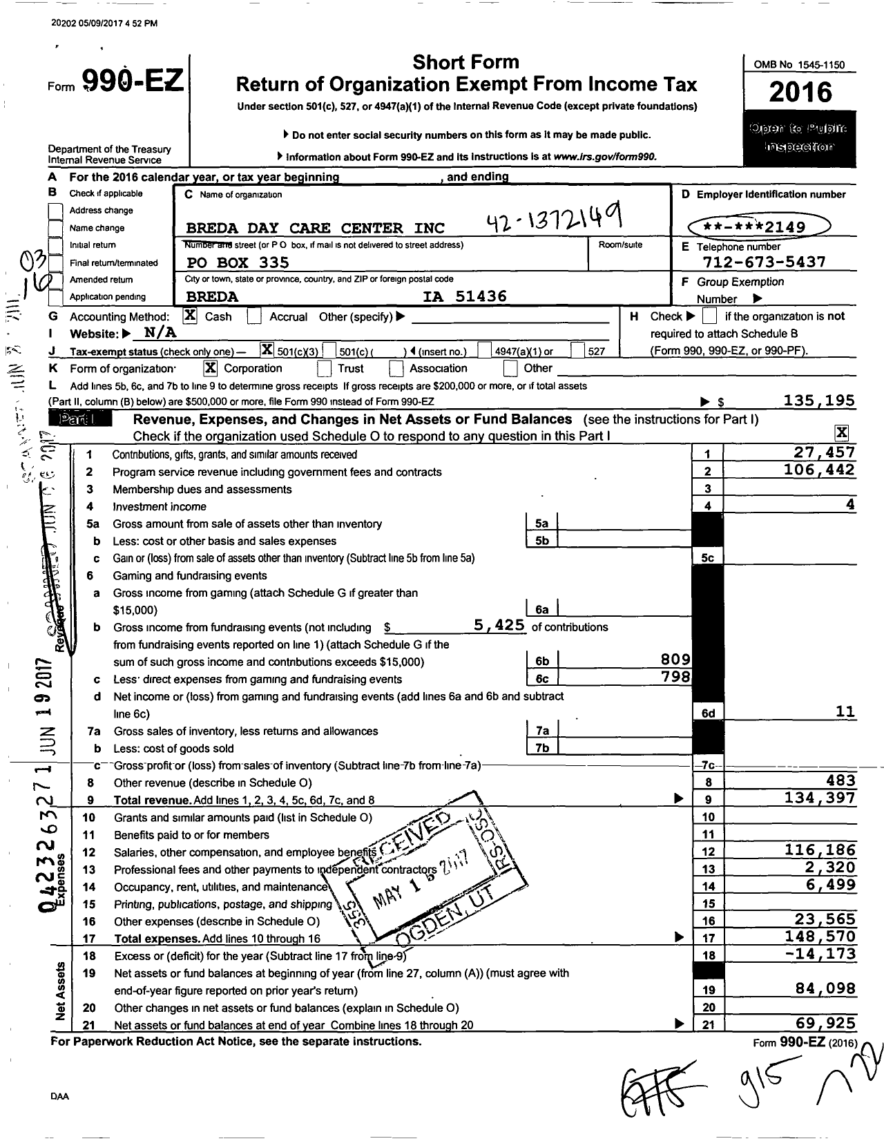 Image of first page of 2016 Form 990EZ for Breda Day Care Center