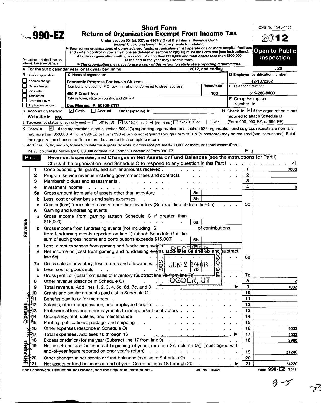 Image of first page of 2012 Form 990EO for Economic Progress for Iowa Citizens