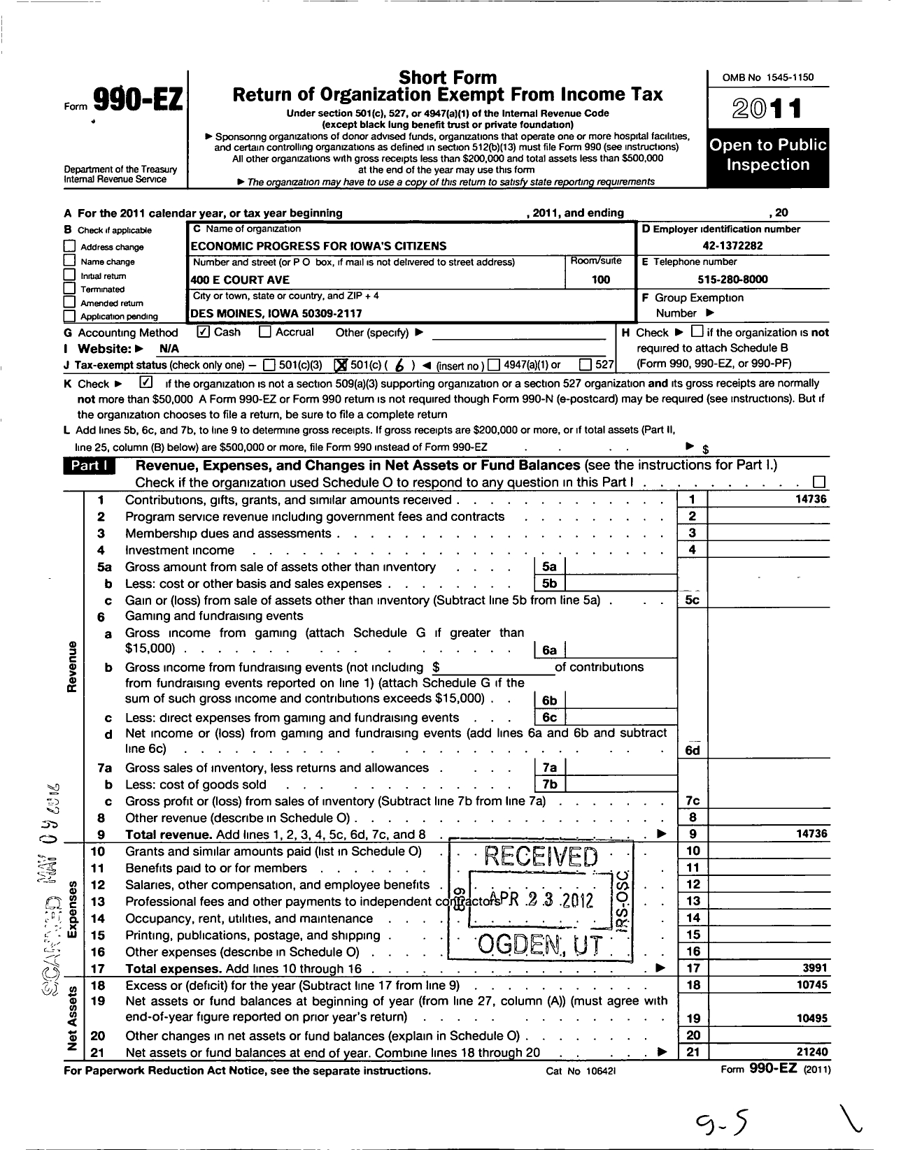 Image of first page of 2011 Form 990EO for Economic Progress for Iowa Citizens