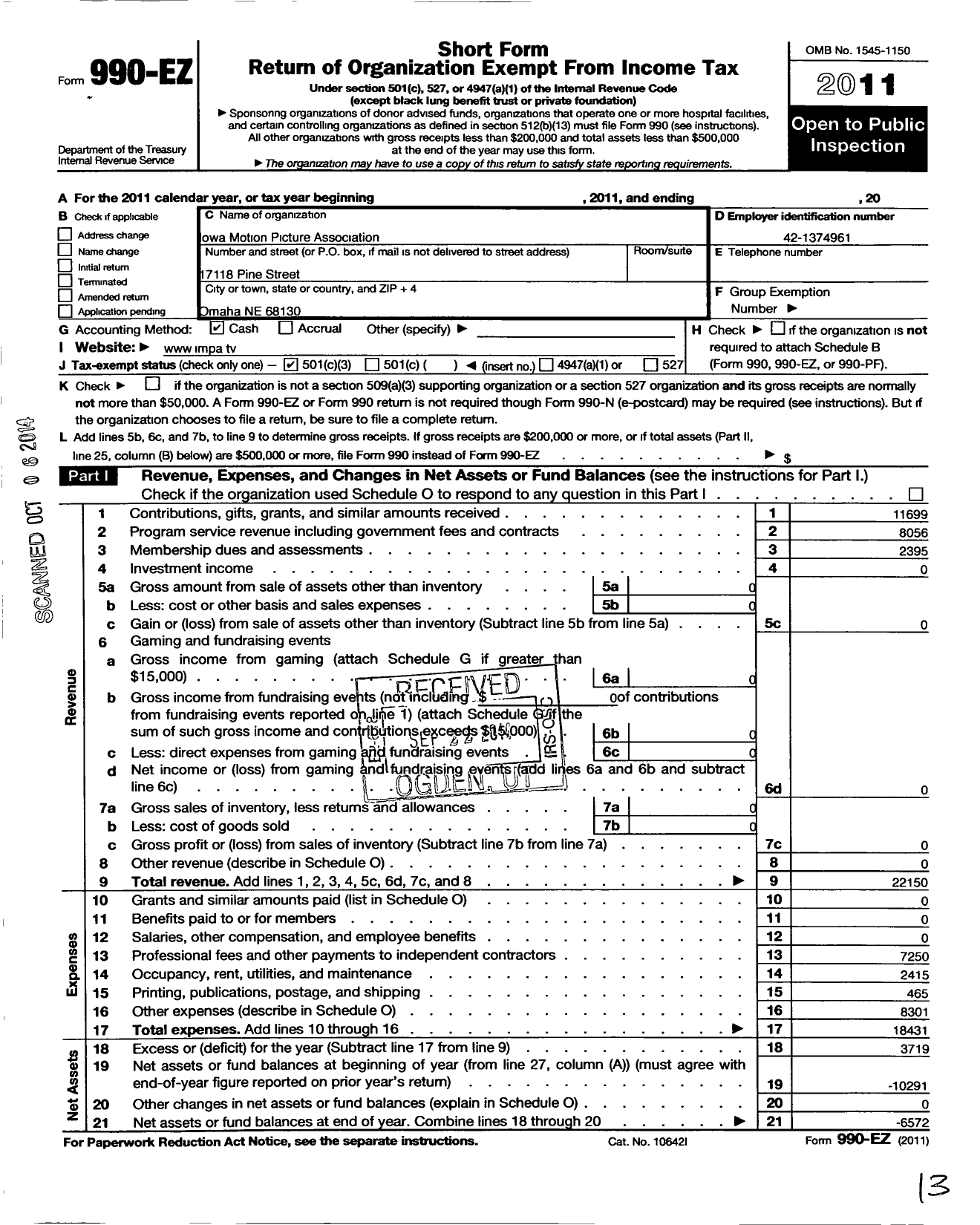 Image of first page of 2011 Form 990EZ for Iowa Motion Picture Association