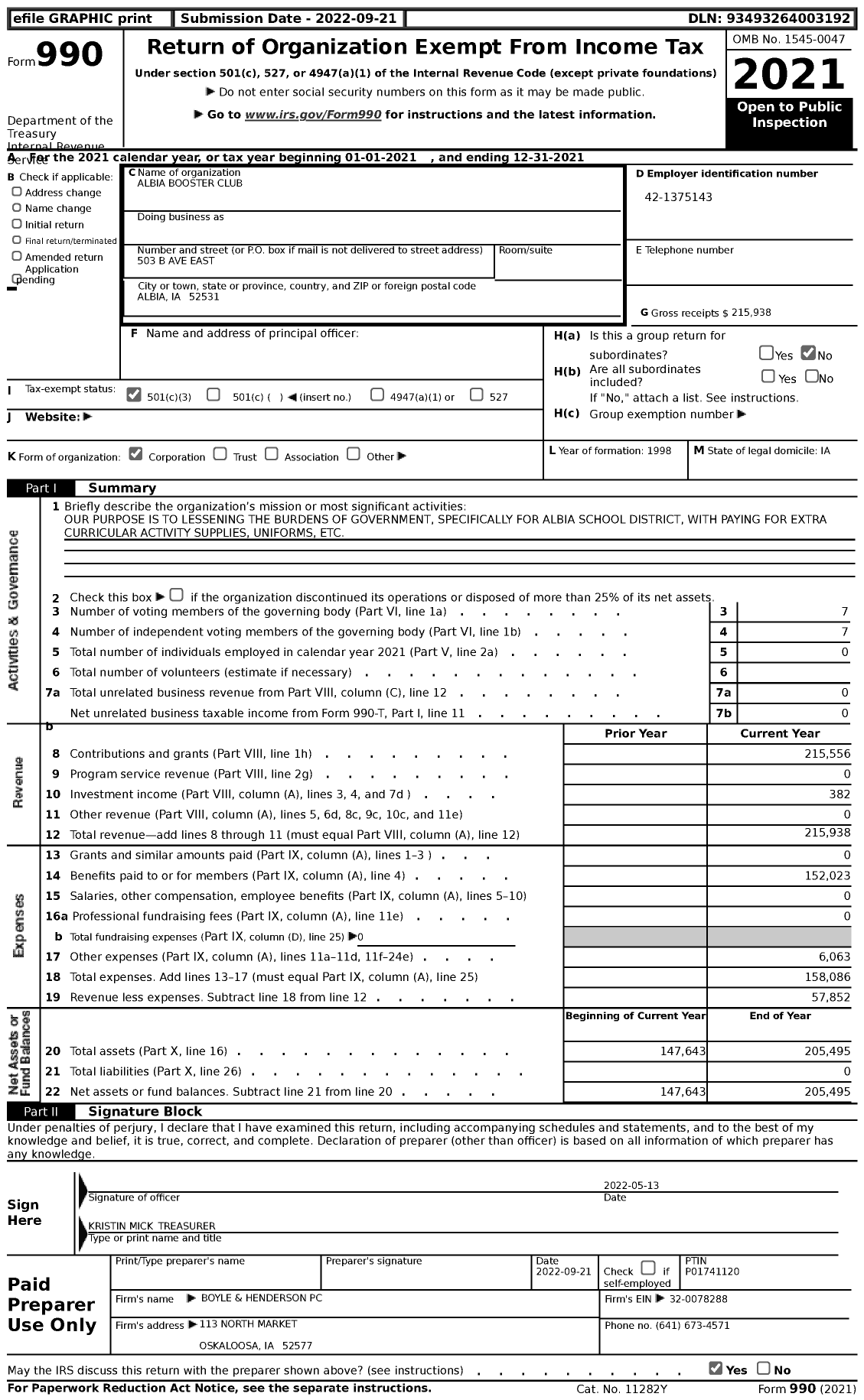 Image of first page of 2021 Form 990 for Albia Booster Club