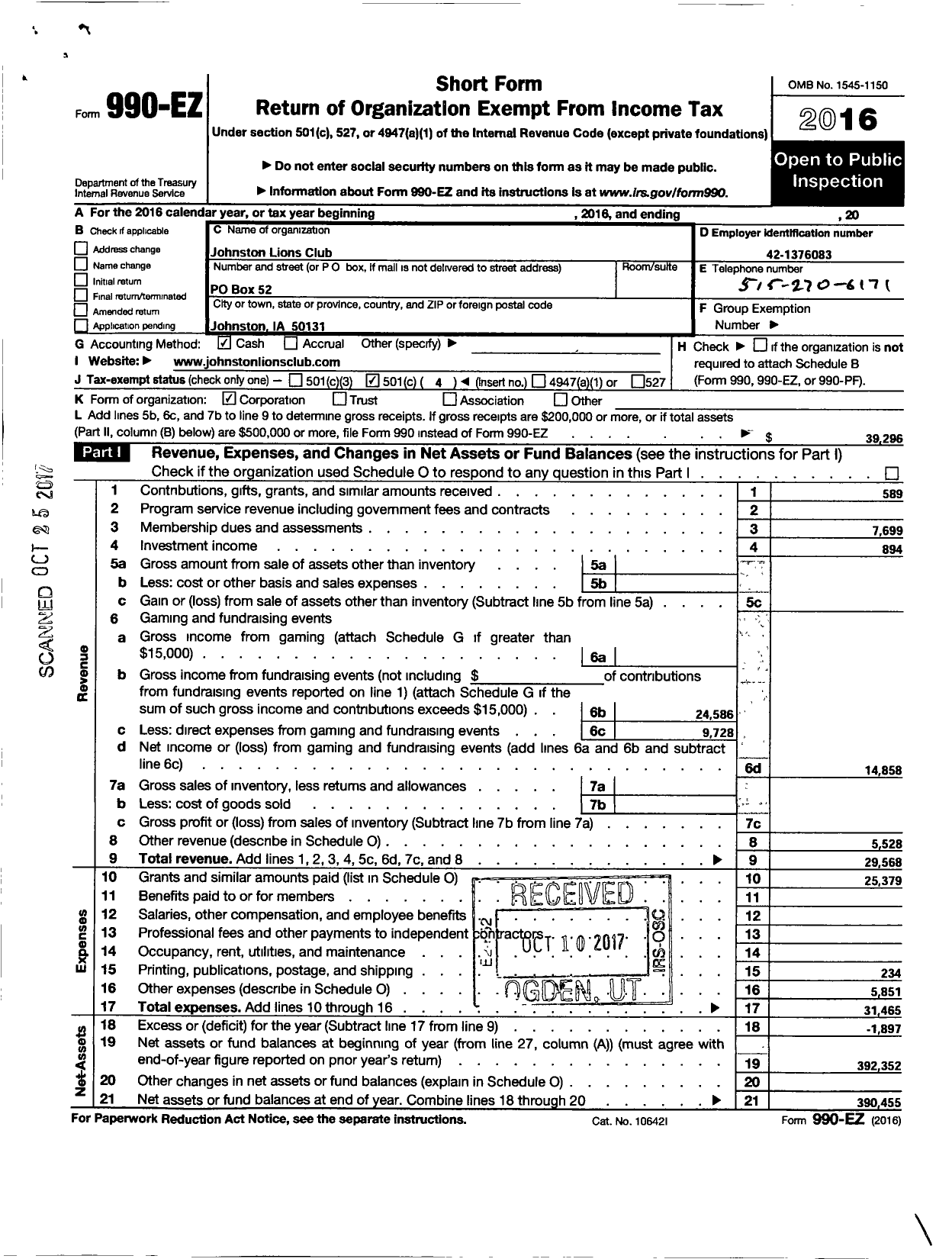 Image of first page of 2016 Form 990EO for Lions Clubs - 4201 Johnston