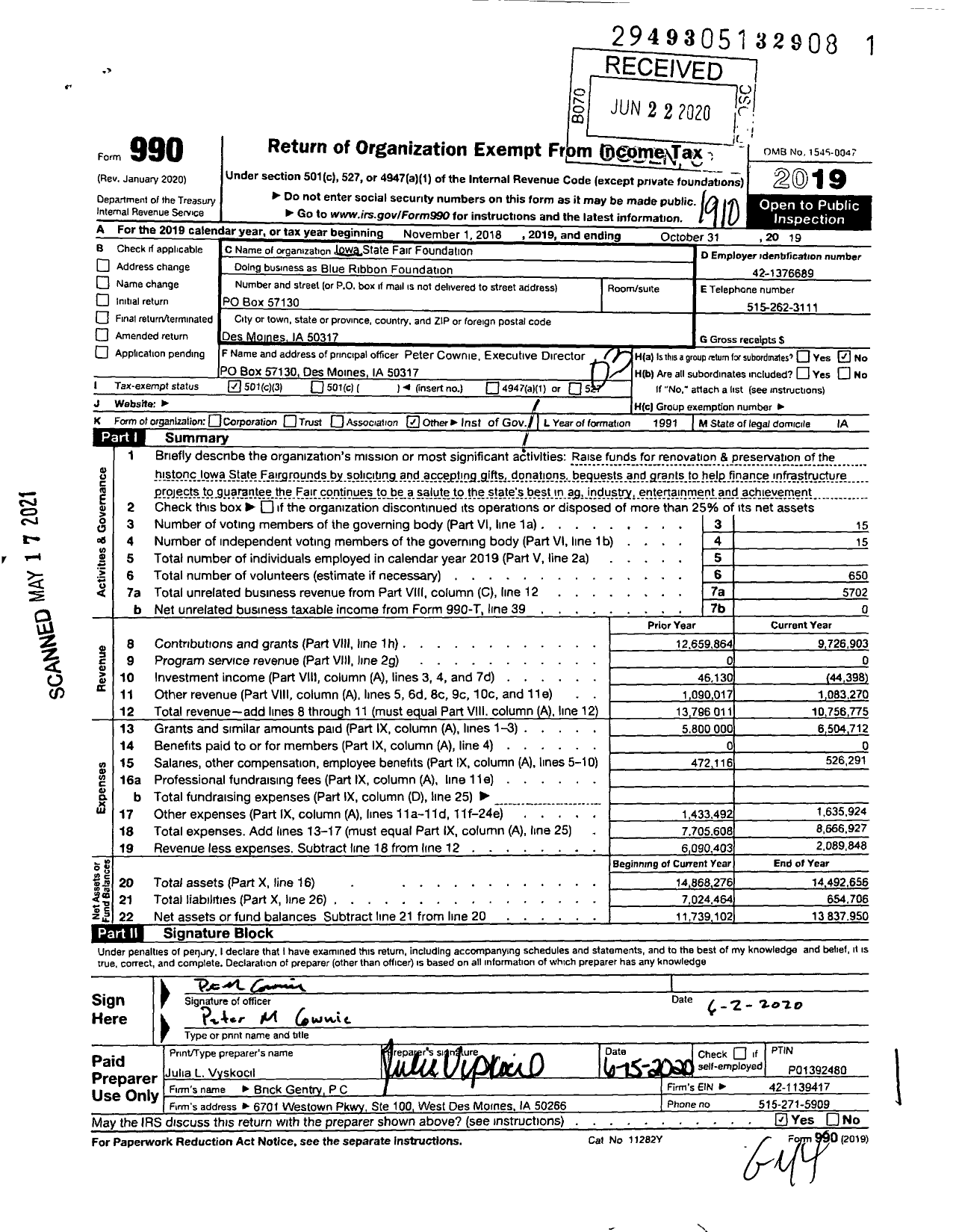 Image of first page of 2018 Form 990 for Iowa State Fair Blue Ribbon Foundation