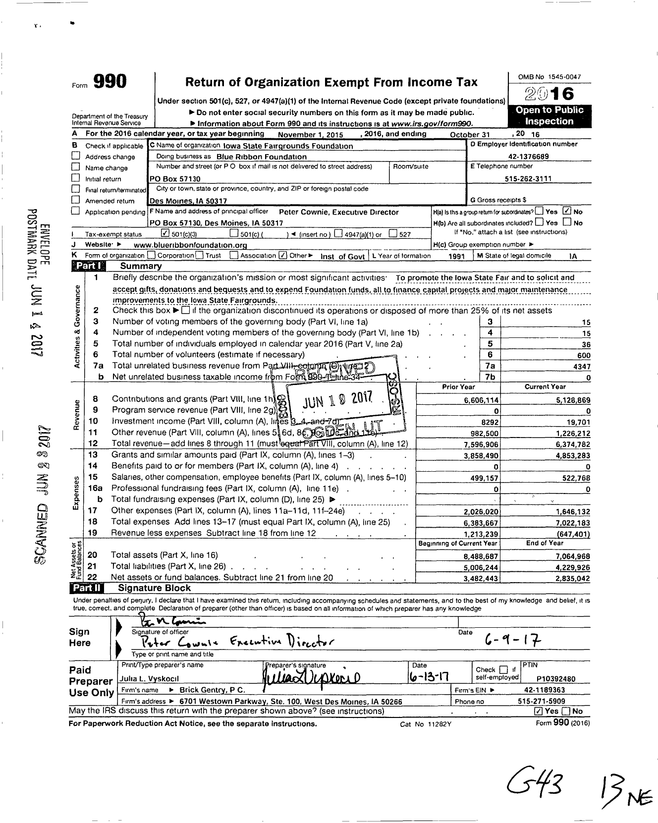 Image of first page of 2015 Form 990 for Iowa State Fair Foundation
