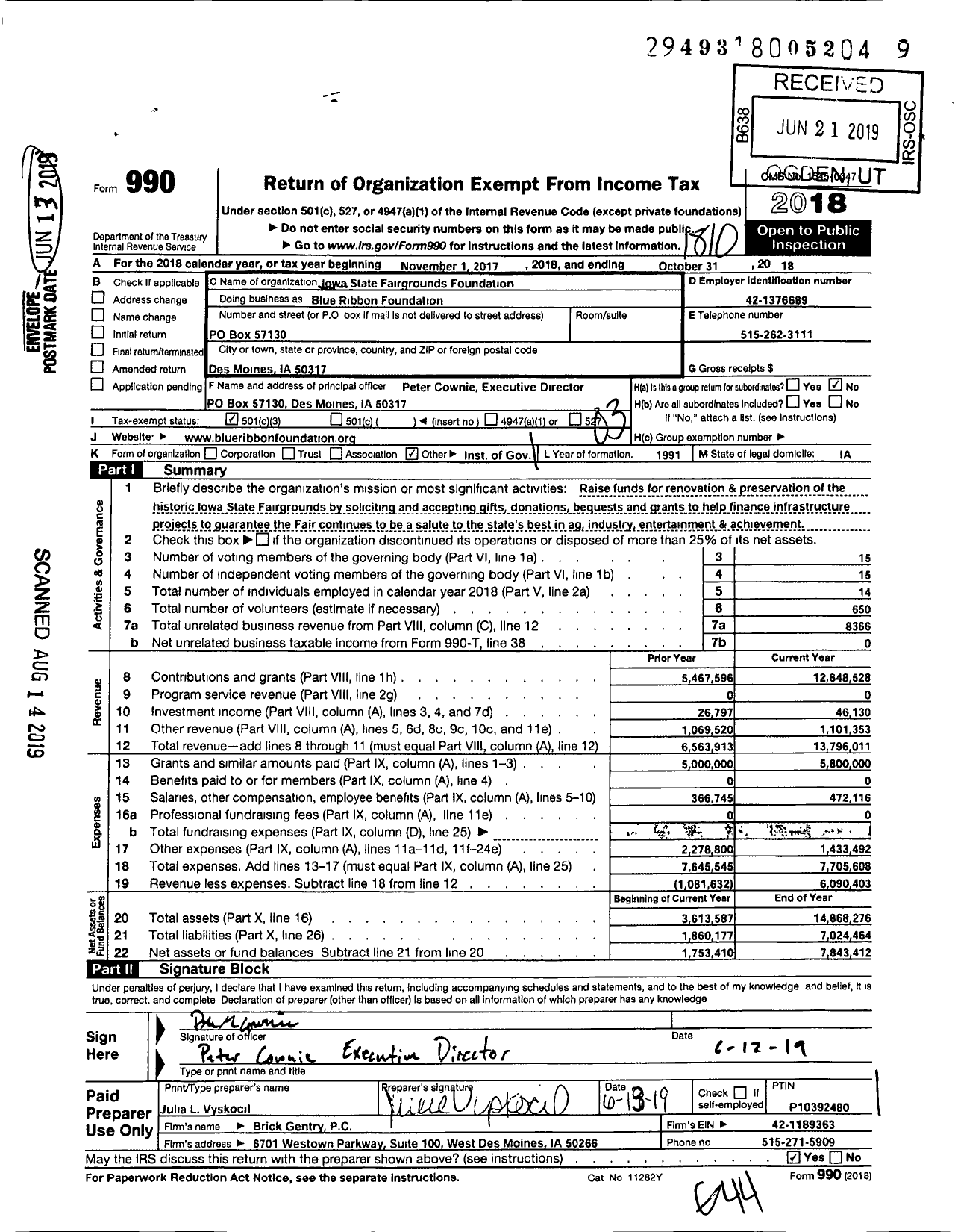 Image of first page of 2017 Form 990 for Iowa State Fair Blue Ribbon Foundation