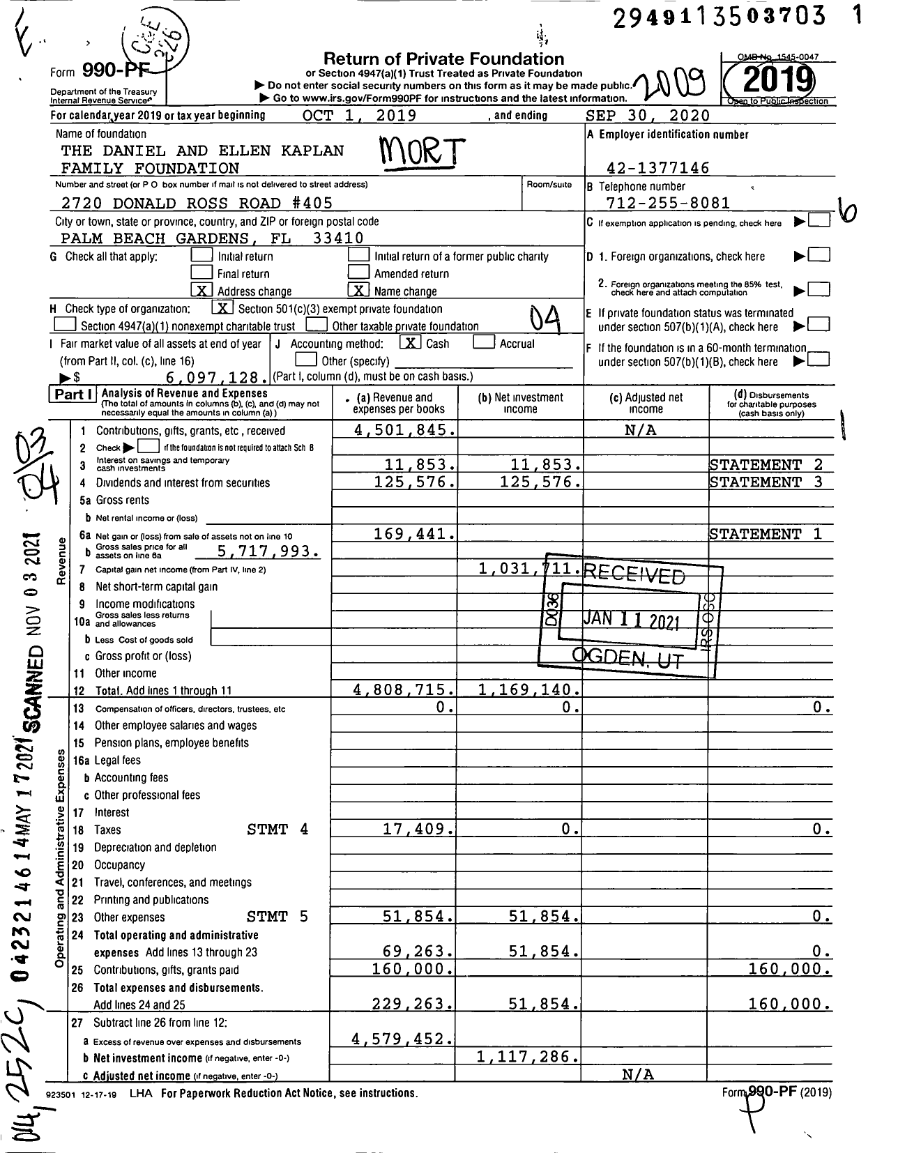 Image of first page of 2019 Form 990PF for The Daniel and Ellen Kaplan Family Foundation