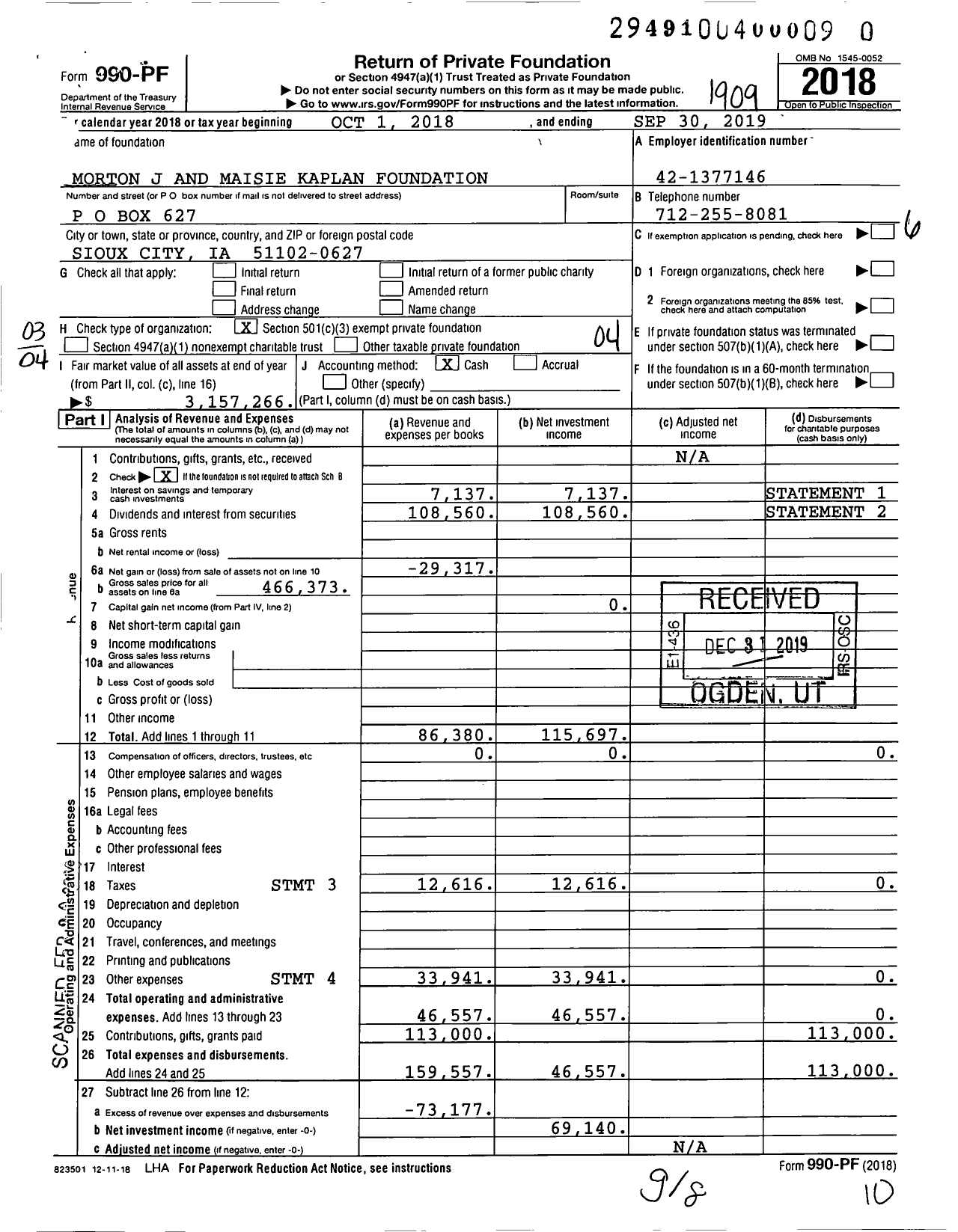 Image of first page of 2018 Form 990PR for The Daniel and Ellen Kaplan Family Foundation