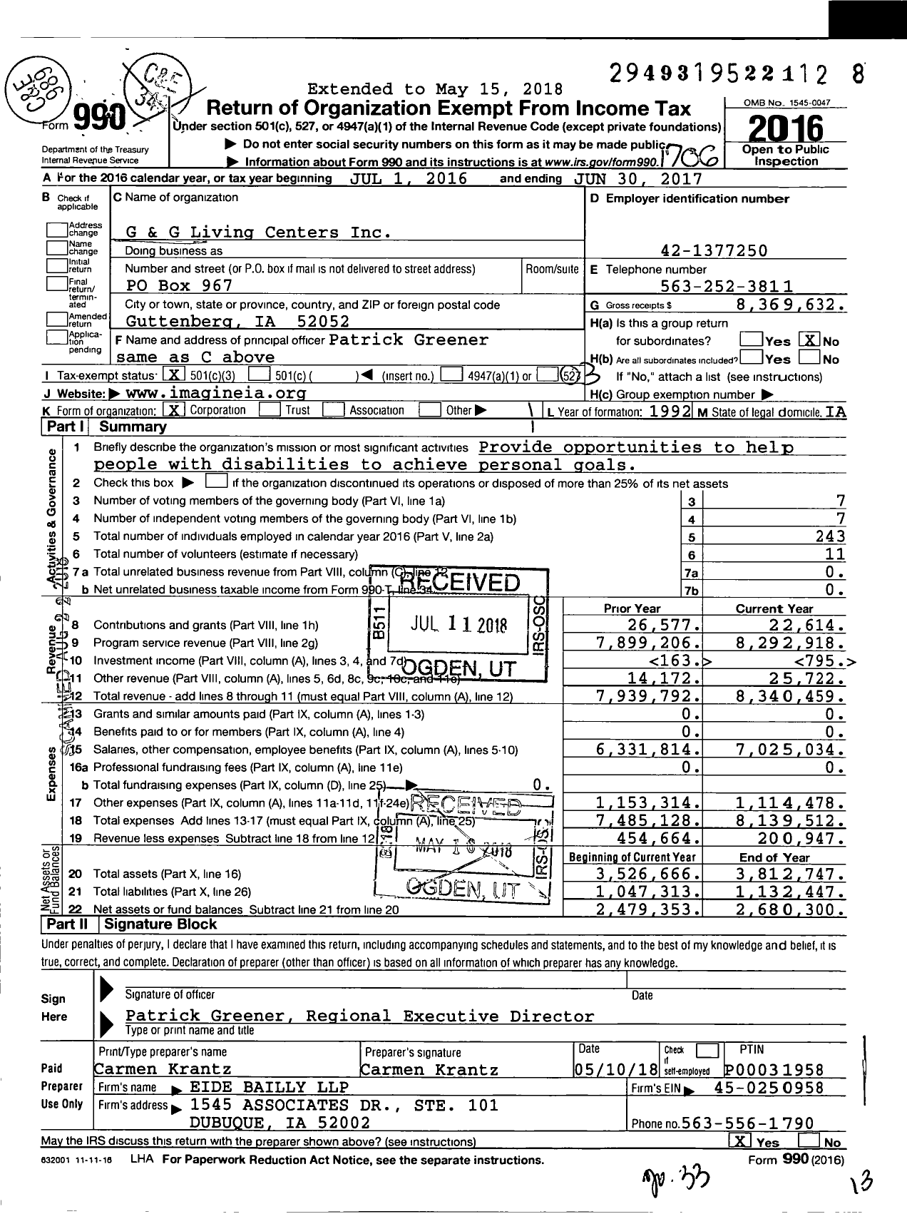 Image of first page of 2016 Form 990 for G and G Living Centers