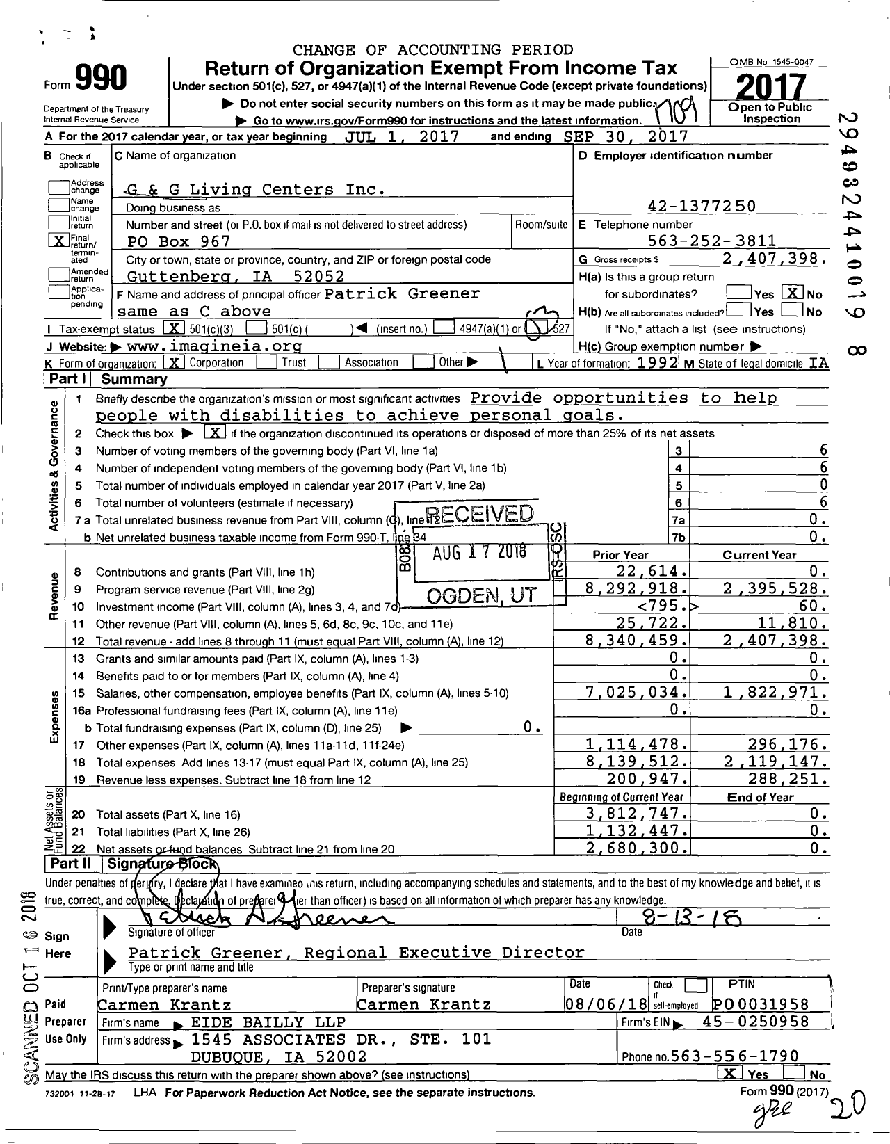 Image of first page of 2016 Form 990 for G and G Living Centers