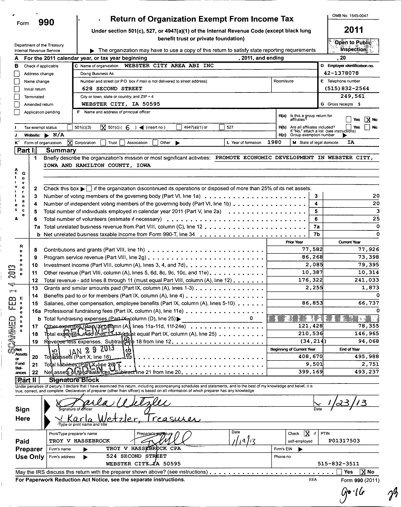 Image of first page of 2011 Form 990O for Webster City Area ABI