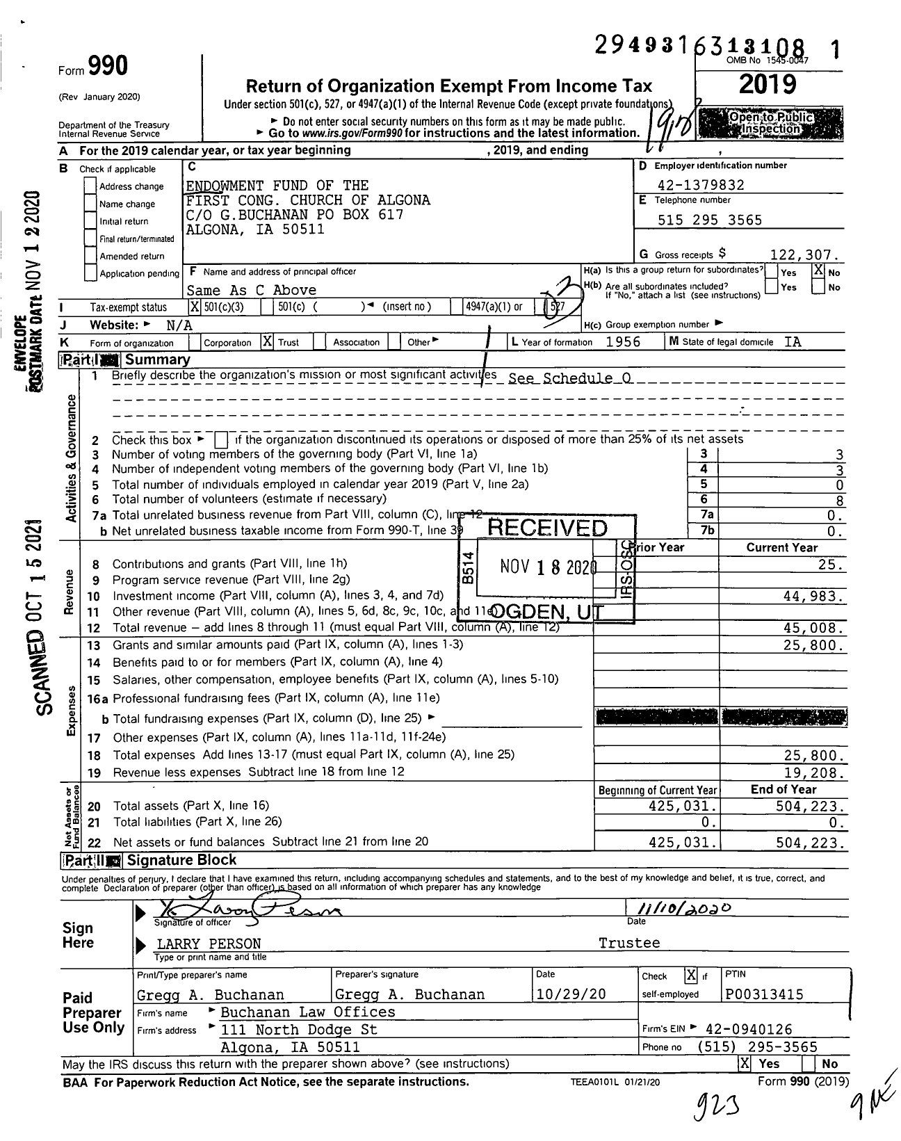 Image of first page of 2019 Form 990 for Endowment Fund of the First Cong Church of Algona