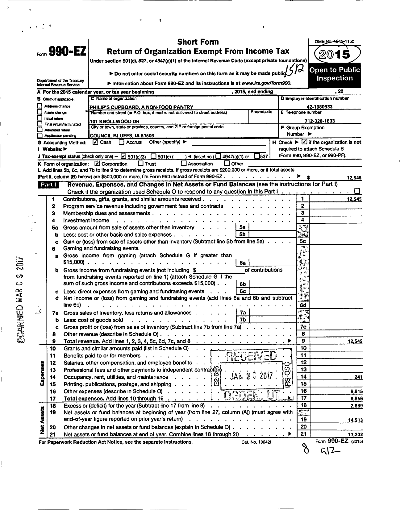 Image of first page of 2015 Form 990EZ for Philips Cupboard A Non-Food Pantry